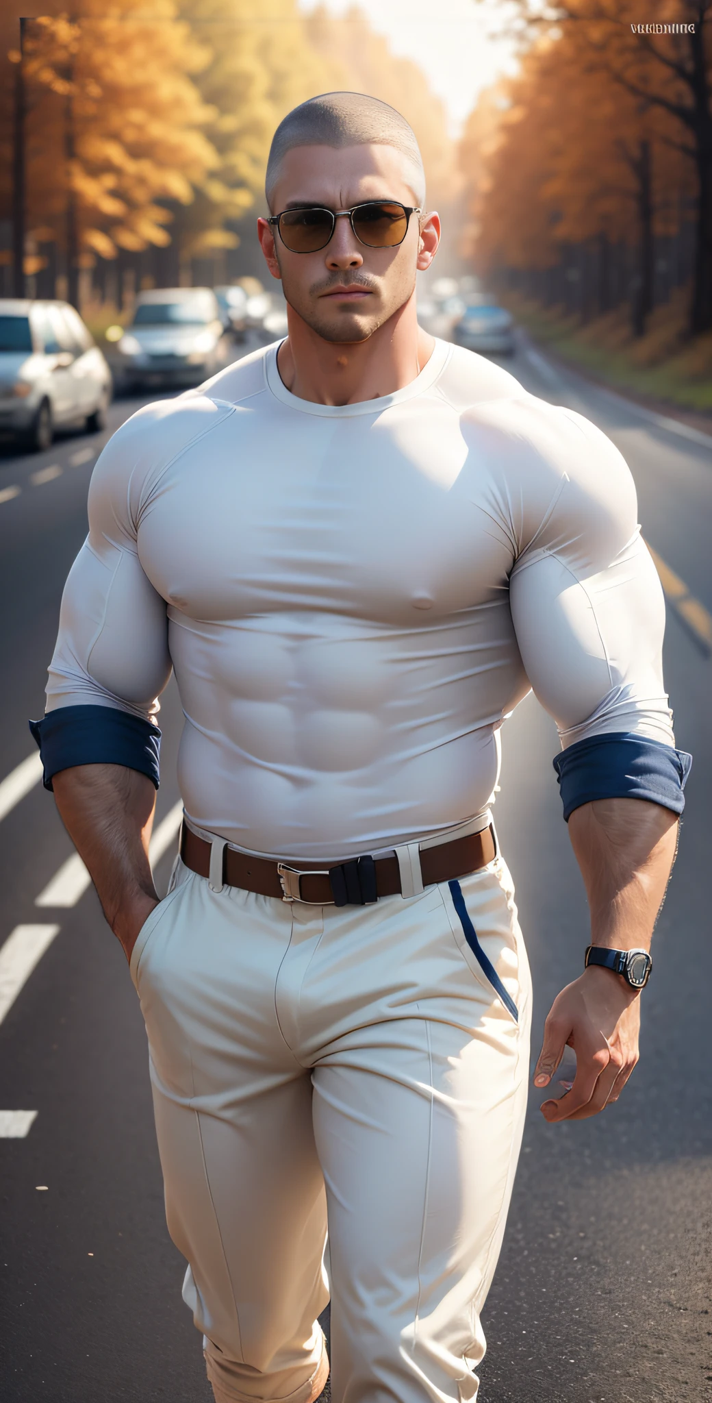 Man in cream white clothes standing in the middle of the sunny highway, American round inch head, Buzz cut, national character face, tall and burly, muscular male hero, heroic male pose, muscular! Wearing sunglasses, skins brand skinny jersey, super buff and cool, high resolution committee, character design morning jogger, sneakers, attractive strong men, sun shining through the woods