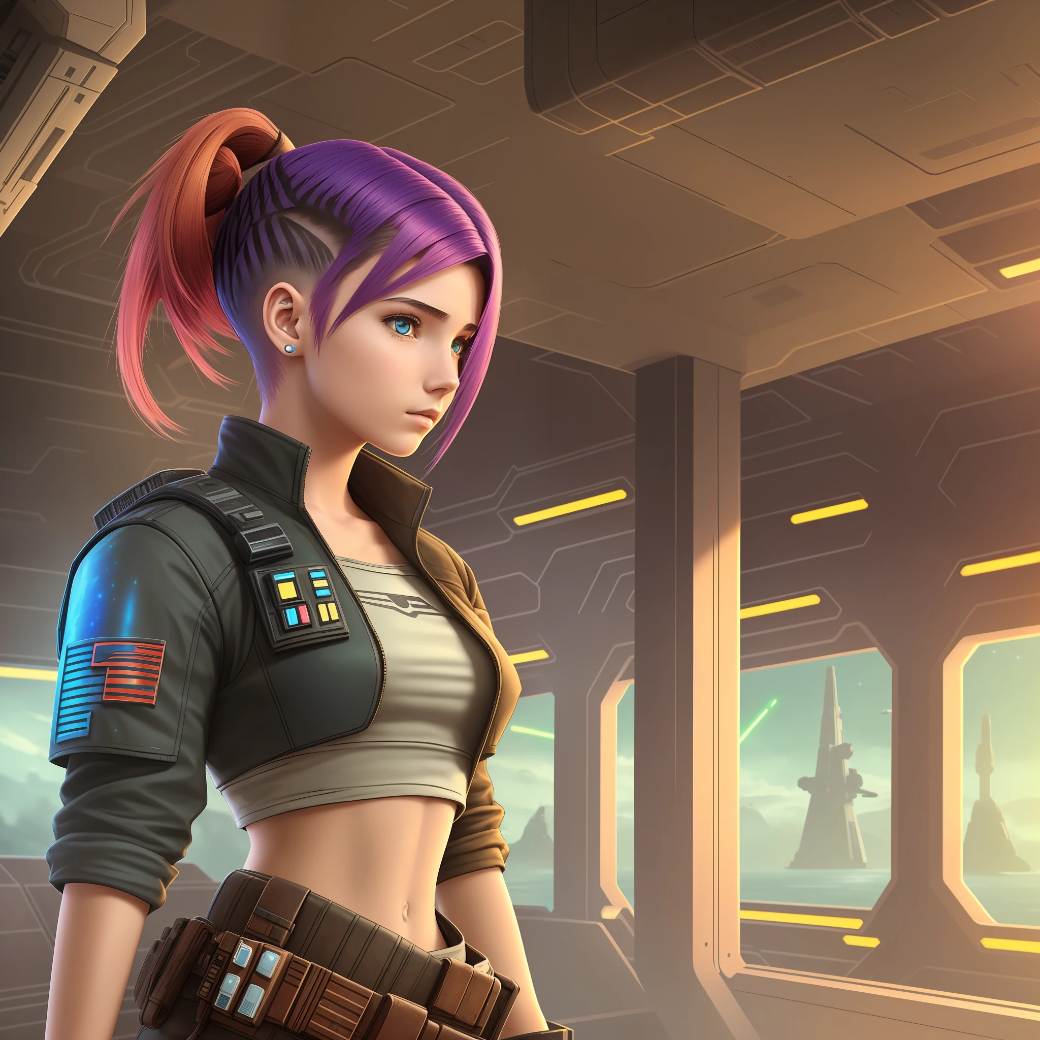 18 years old, girl, smuggler, dyed hair, undercut, science fiction environment, star wars environment --auto --s2