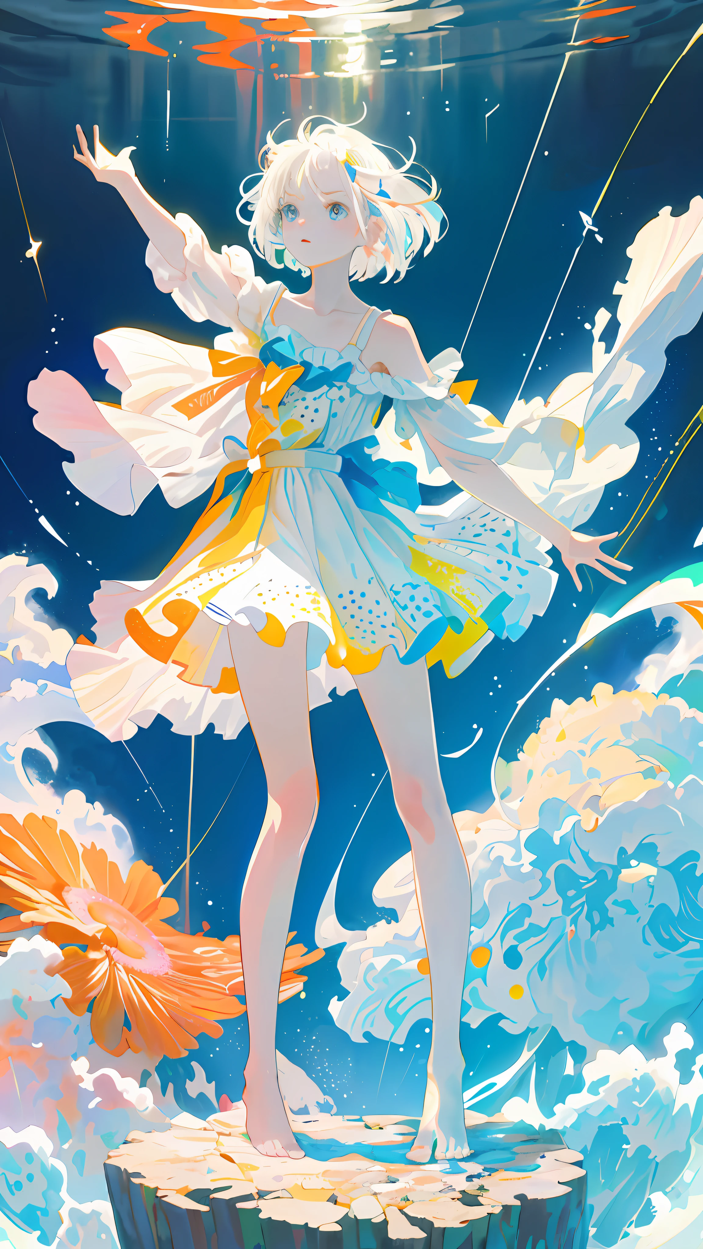 (Masterpiece, Best Quality: 1.2), (Super Detailed), (Illustration), Wallpaper, Original, 1girl, Messy White Hair, Thin Shoulder Straps, White Skirt, Bare Legs, Barefoot, Bare Arms, Space, Earth Background, Near-Earth Orbit, Full Body, (Surrounded by Colored Splashes and Dots), Colored Bubbles, (Shiny)