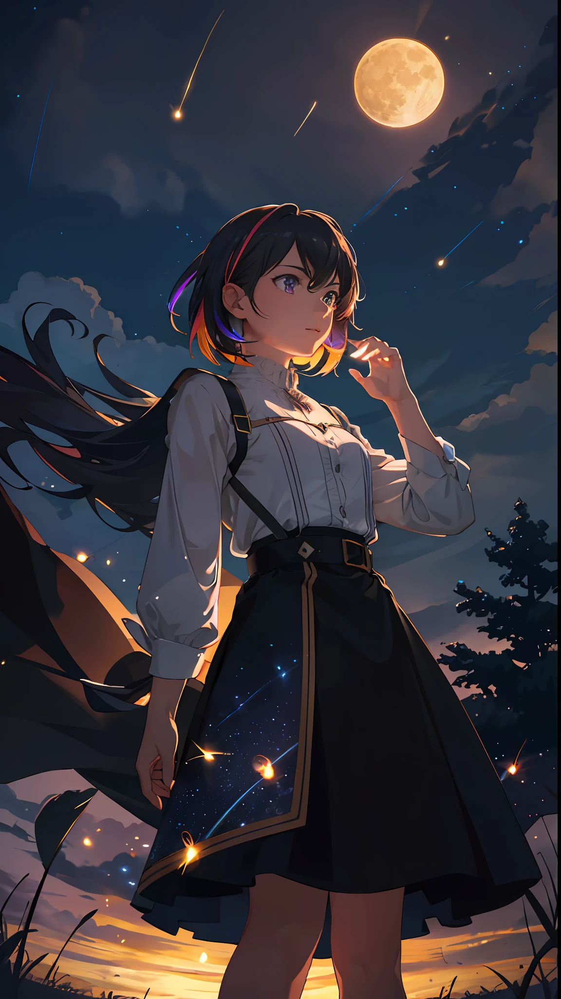 Vast landscape photo, (viewed from below, the sky is above and the open field is below), a girl standing on a flower field looking up, (full moon: 1.2), (meteor: 0.9), (nebula: 1.3), distant mountains , Trees BREAK Crafting Art, (Warm Light: 1.2), (Fireflies: 1.2), Lights, Lots of Purple and Orange, Intricate Details, Volumetric Lighting, Realism BREAK (Masterpiece: 1.2), (Best Quality), 4k, Ultra-Detailed, (Dynamic Composition: 1.4), Very Detailed, Colorful Details, (Rainbow Colors: 1.2), (Glow Lighting, Atmospheric Lighting), Dreamy, Magical, (Solo: 1.2)