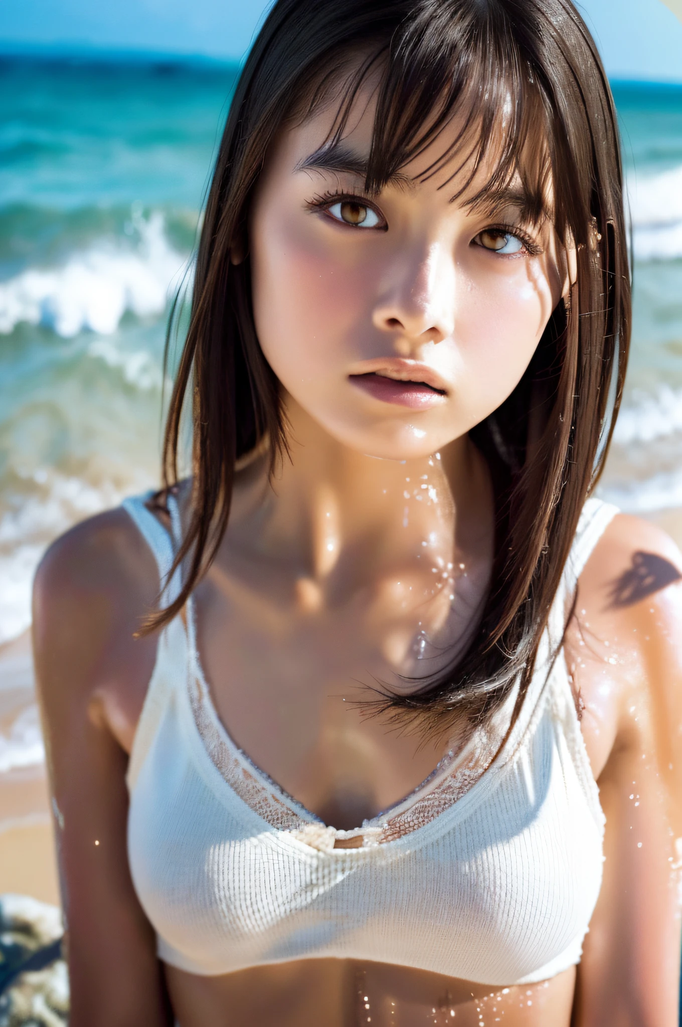 Top quality, masterpiece, ultra high resolution, (photorealistic: 1.4), raw photo, 1 girl, (cute face)) dark hair, shiny skin, wet body, dramatic lighting, (full body pose), seaside, sandy beach, walking by the waves, micro bikini,