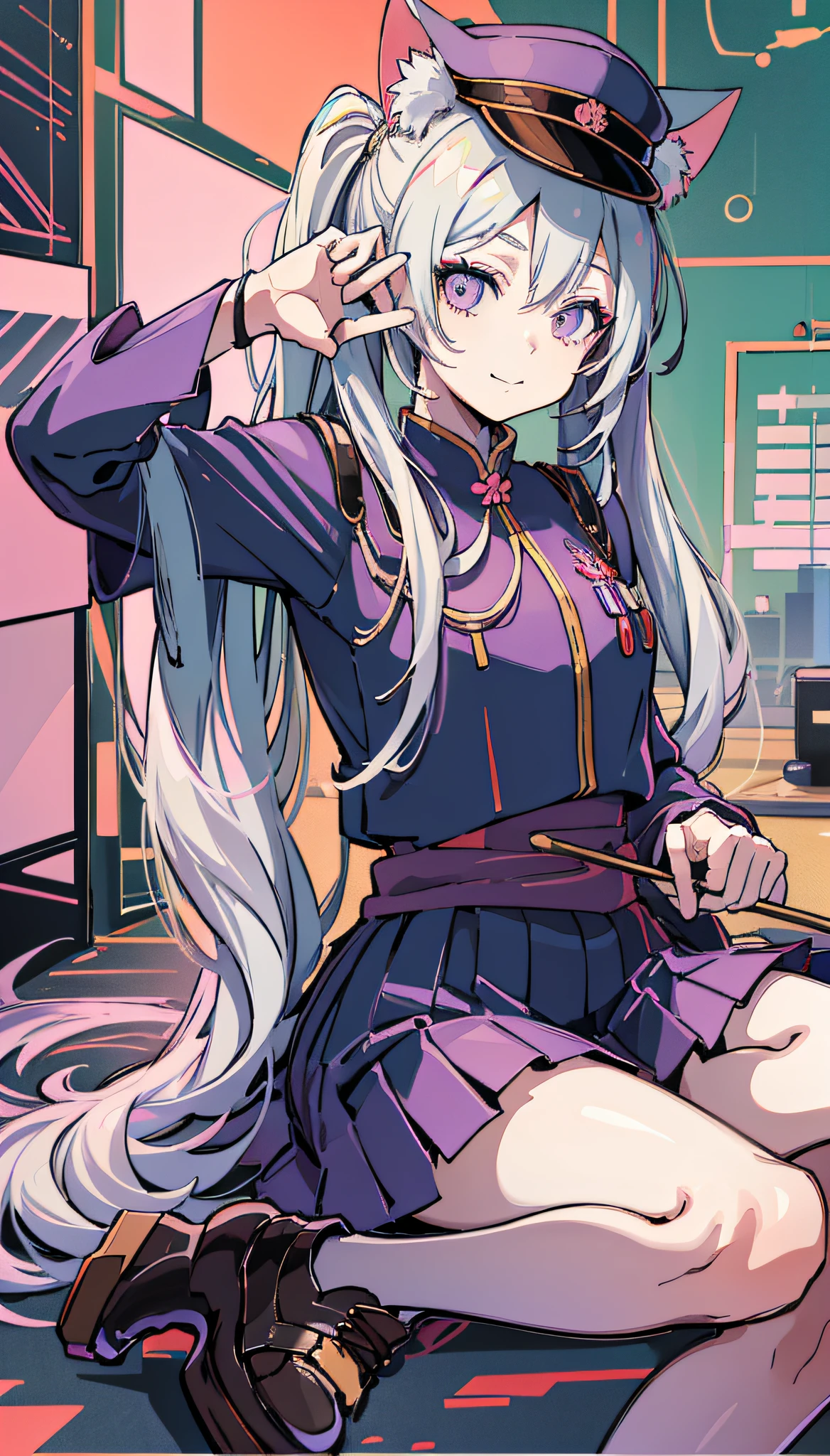Colorful hair and colorful dress in anime ((cat-eared 1girl)), kimono pastel vivid, rossdraws cartoon vivid, anime style 4k, beautiful anime portrait, artgerm colorful!!!、! dream art germ, beautiful anime, cat ear 1girl, anime style digital art, anime art wallpaper 4k, anime art wallpaper 4k, digital anime art, highly detailed art germ, commander uniform, full body, sitting in her office, white hair, front view, smirking