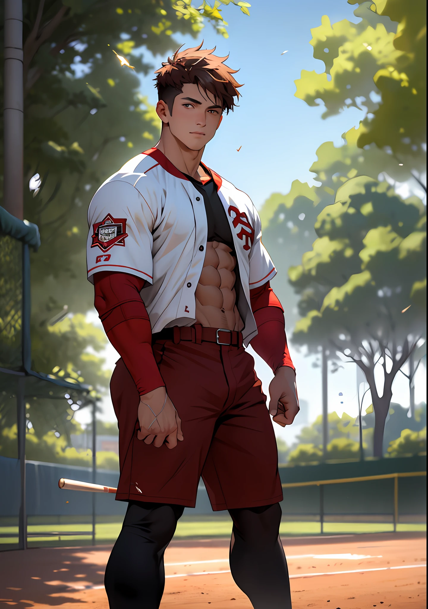 (masterpiece, best quality ), 1man, muscular, short hair, brown eyes, intricate, (locker room) , full body, white baseball uniform, open red jacket, vivid colors,(depth of field:1.2),(abs),blush, looking at viewer, on floor, spread legs,