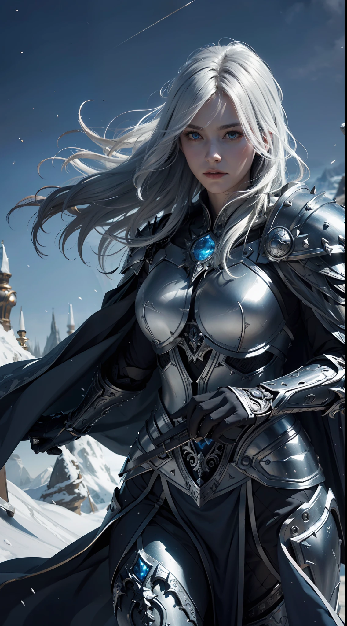 8k,ultra detailed, masterpiece, best quality, (extremely detailed), dynamic angle, Mysterious expression, wind effect, fantasy background, rim lighting, cinematic light, ultra high res, 8k uhd, film grain,best shadow, delicate, RAW, light particles, detailed skin texture, detailed armor texture, detailed face, intricate details, ultra detailed, bright, strong, silver armor, (holding weapon), slashing, slash action, pauldrons, glowing eyes, long cape, fantasy, (realistic), shoulder armor, complex, intricate, perfect lighting, looking at viewer, cinematic lighting, flying in sky,flying, holy light, vivid, bangs, windy, frozen mountains, long white wavy hair, lich queen