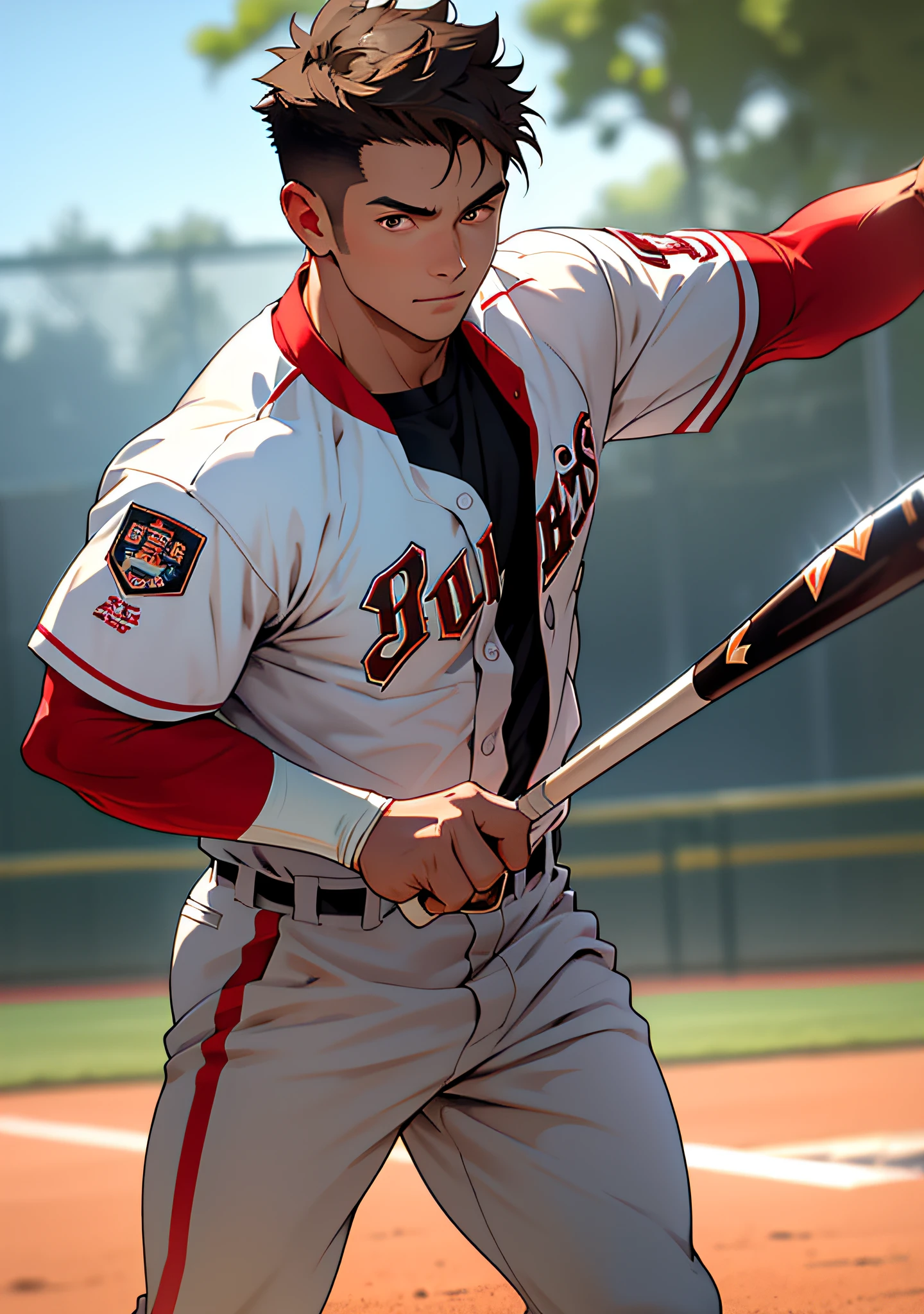 (masterpiece, best quality ), 1man, muscular, short hair, brown eyes, intricate, baseball field , full body, white baseball uniform, open red jacket, vivid colors,(depth of field:1.4),(abs), holding a basebat, dynamic pose, dappled sunlight,