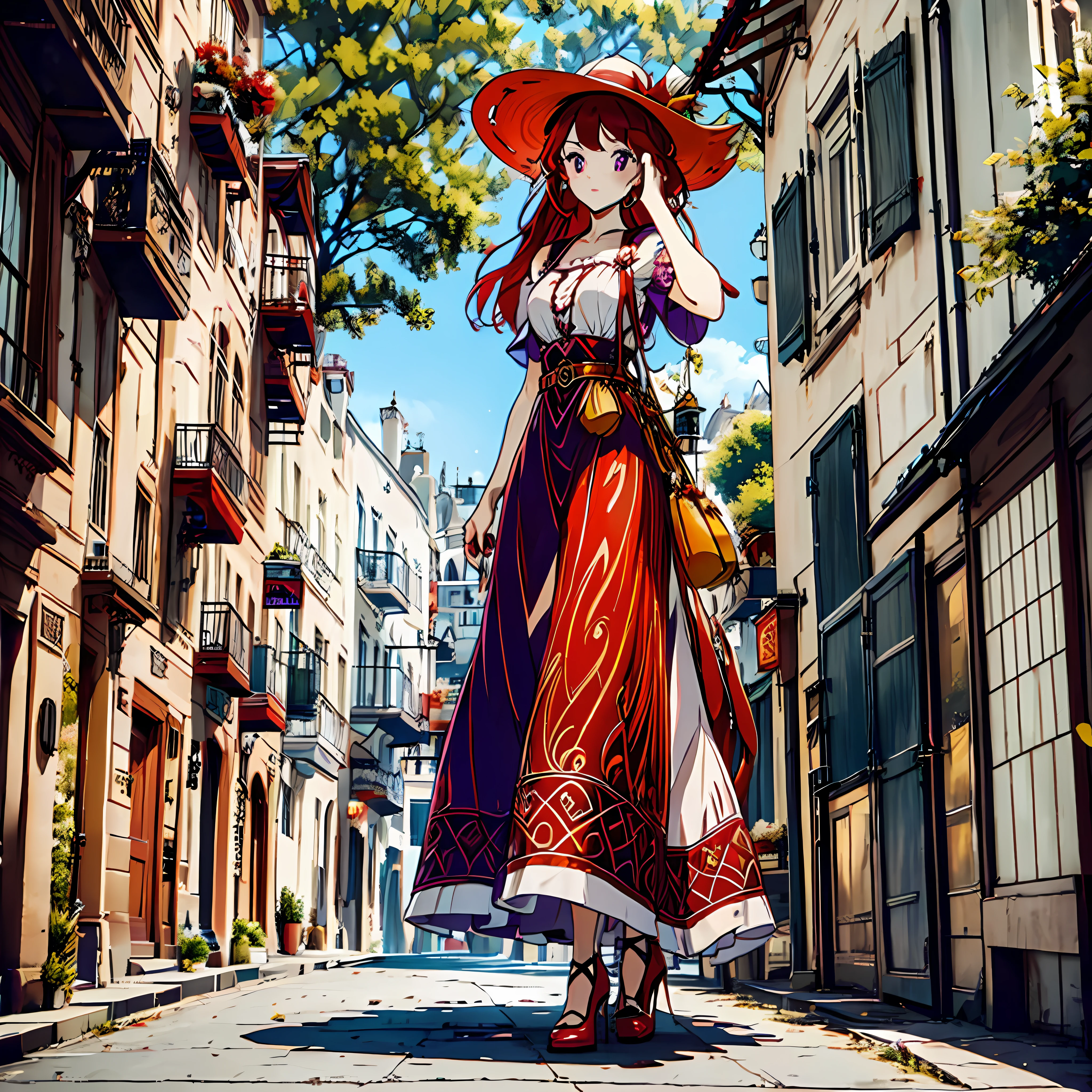 a red-haired woman with purple eyes, a sun hat, a long gown, red high heels; She stands and waits (hand optimized) with a Western European rental house in the background