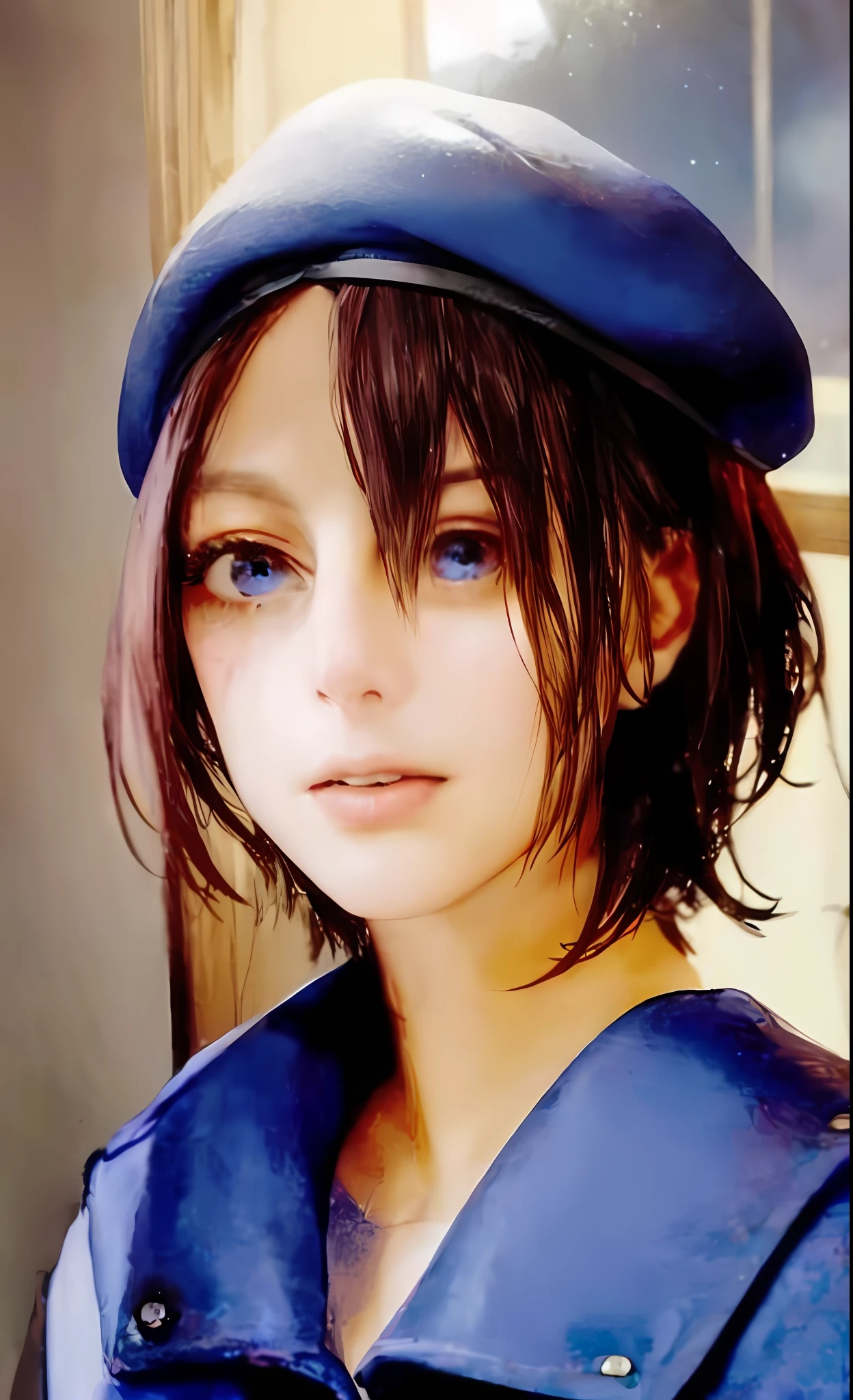 1girl, portrait of jillvoth, beret, shoulder pads, blue military uniform, shirt, (blood on face), scared, afraid, parted lips, old mansion indoors, window, lightning, thunder, volumetric lighting, best quality, masterpiece, intricate details, tonemapping, sharp focus, hyper detailed, trending on Artstation, realistic,