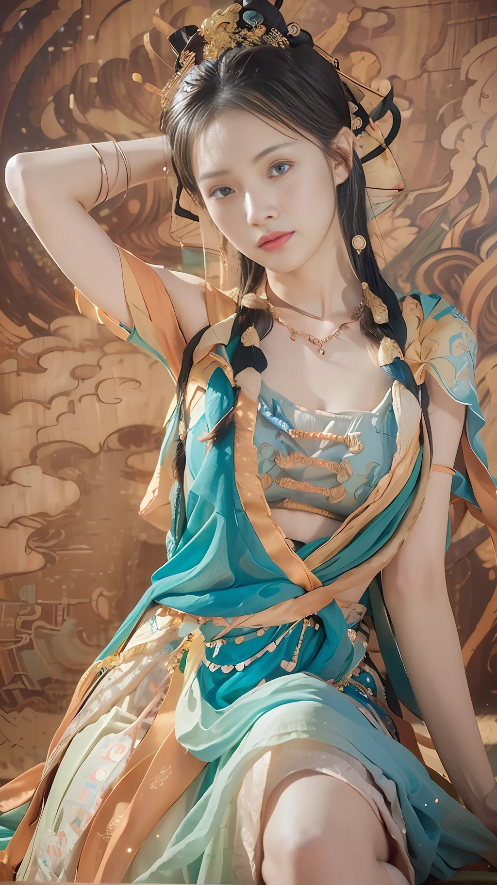 (8k, RAW photo, best quality, masterpiece:1.2), (realistic, photo-realistic:1.4), (extremely detailed CG unity 8k wallpaper), 1 girl solo, (from below:1.2), dance, dunhuang_dress, dunhuang_style, dunhuang_background,