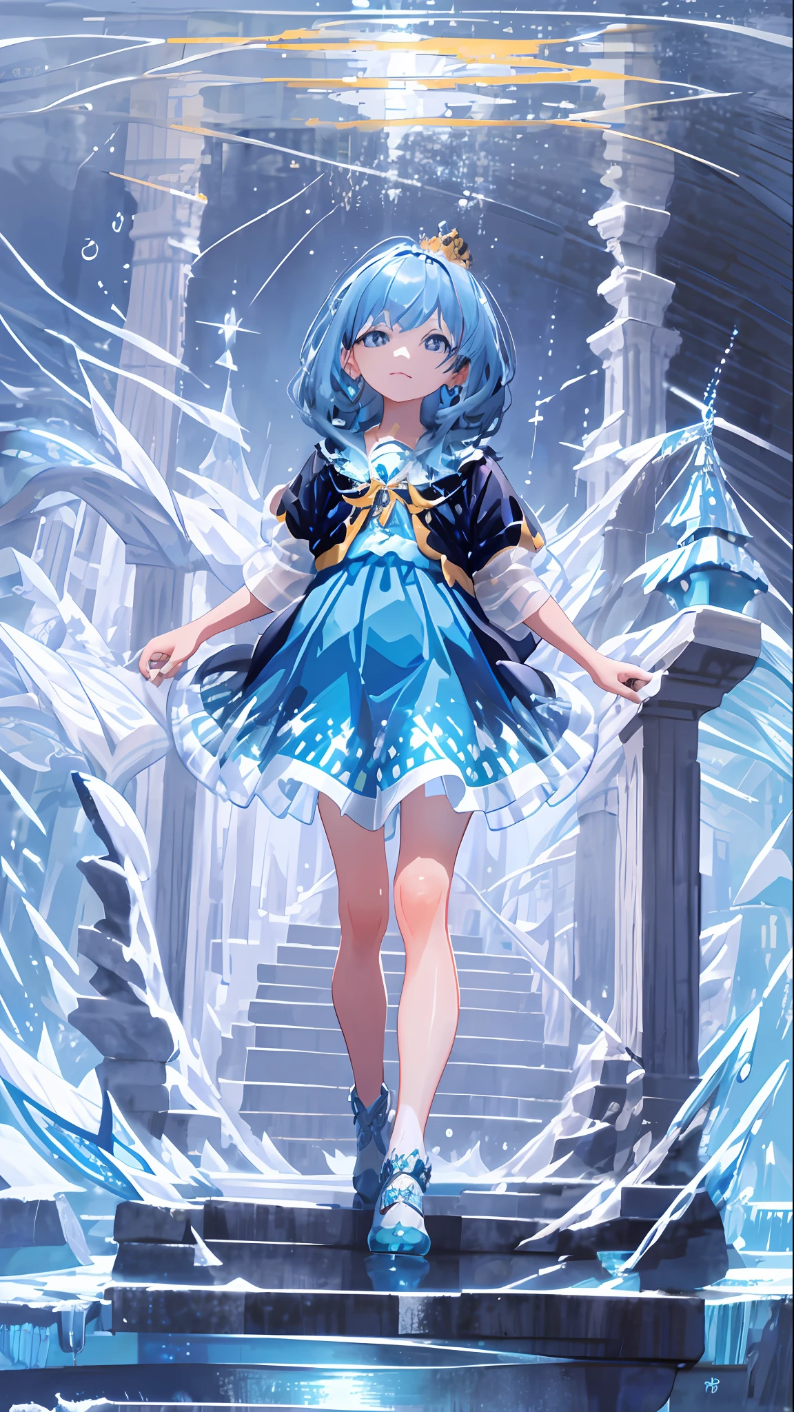 Masterpiece, superb, illustration, saxophone blue, platinum earrings, 1girl, cute, (dynamic light: 1.2), movie light, exquisite facial features, detailed eyes, sharp pupils, realistic pupils, depth of field, background blur, clear focus , (ultra-detailed, halo, glow: 1.4), many small gemstones, a crown woven with golden silk thread is worn in the ice blue hair, the ears behind the hair have pointed ears, the girl has a beautiful face, a pair of The necklace with the blue crystal pendant falls between the collarbone, and below it is the full white chest. She is wearing a water blue long dress, which is exquisite and gorgeous. The skirt has small pendants in the shape of water droplets made of various gemstones