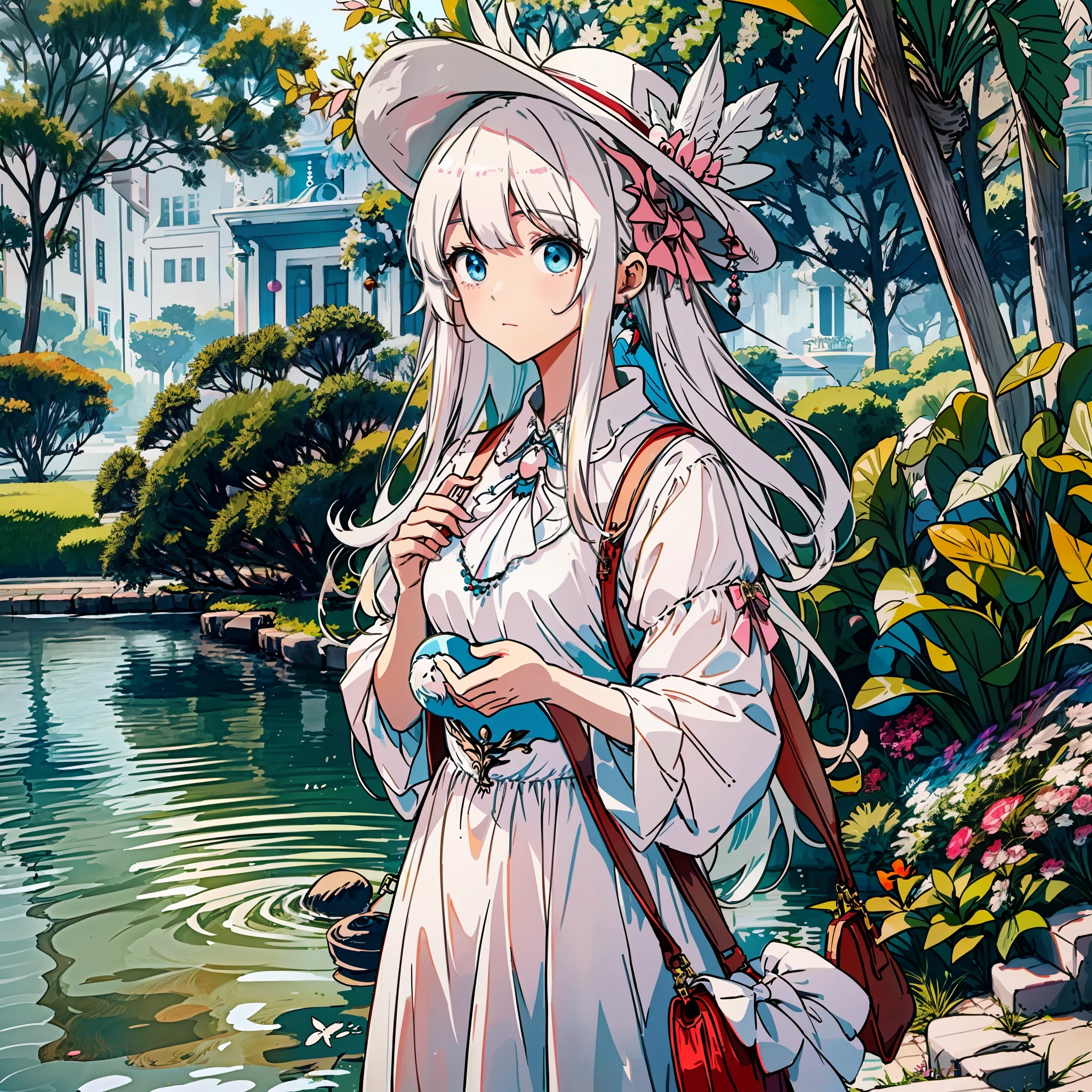 White-haired girl, empty eyes, feather ornaments, white painted hat, pale pink bag, dress, she obediently stood on the water and waited (hand optimization)