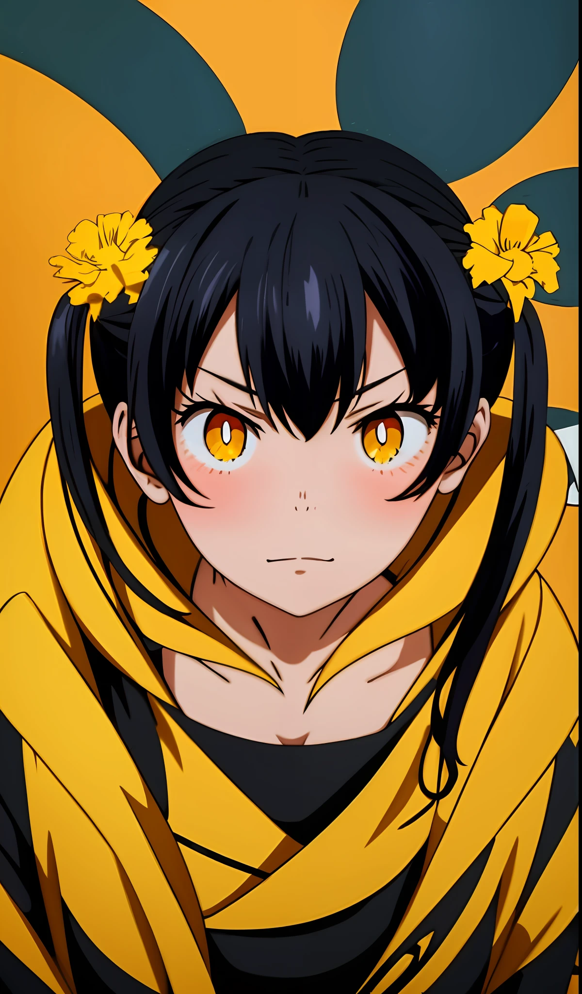 (tamaki kotatsu), Sexy, from above, facing viewer, face close up, cleavage, yellow eyes, black hair, twintail, busty, solid background, full body, 8k, absurd quality, beautiful face, hands out of frame,absurd res, high res, (masterpiece:1.4), ultra-detailed, 1girl, from front, jumping, stockings, black hair, heart shape eyes, yellow eyes, garter belt, yandere, twintail