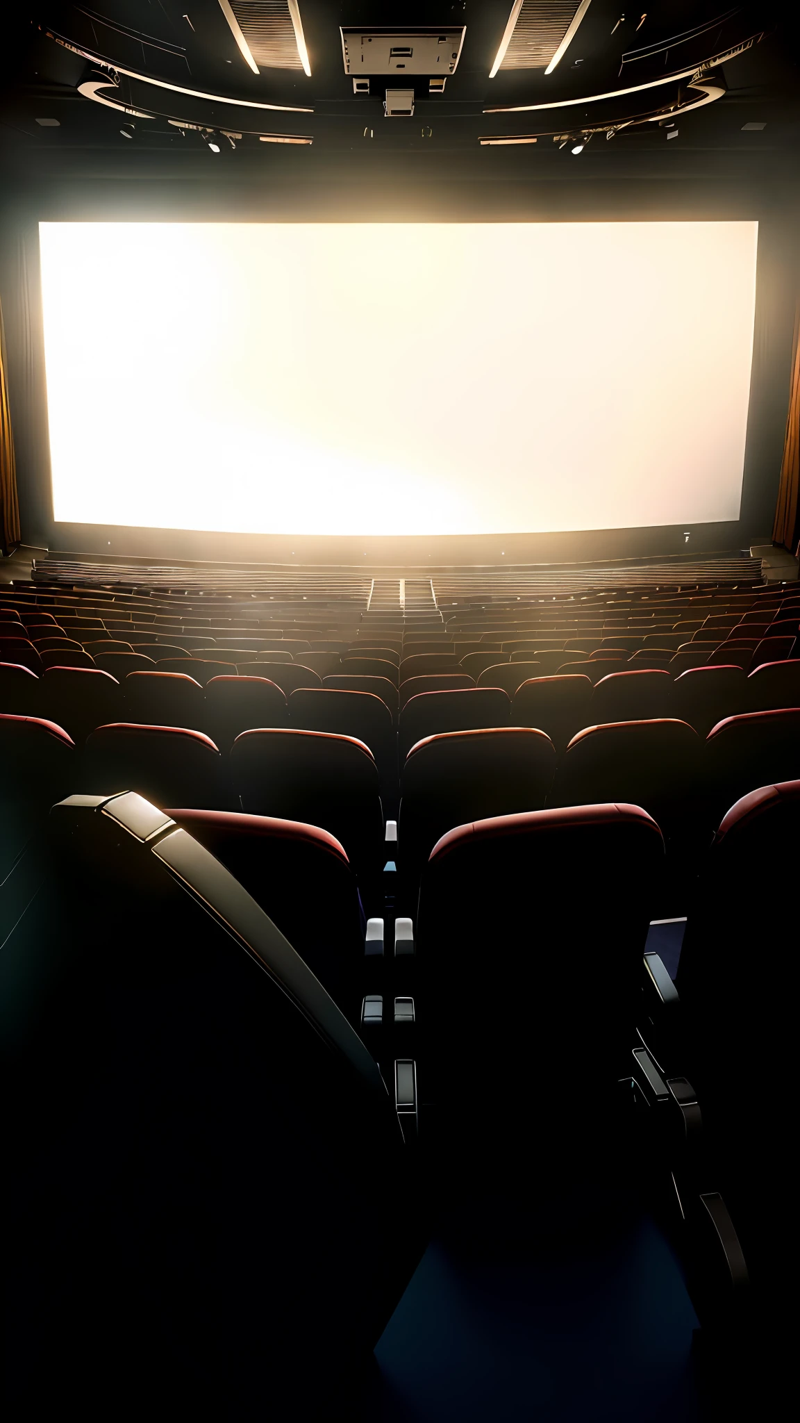 Theater with a lot of chairs with projector screen, movie screen, realistic cinema 4 D rendering, perfect cinema lighting, extremely beautiful light and shadow, movie background, IMAX 7 0mm octane 3D rendering, movie screen photo, movie wide angle lens, shooting movie view from lower angle, movie IMAX lens, in cinema, movie movie images, cinema, IMAX rendering