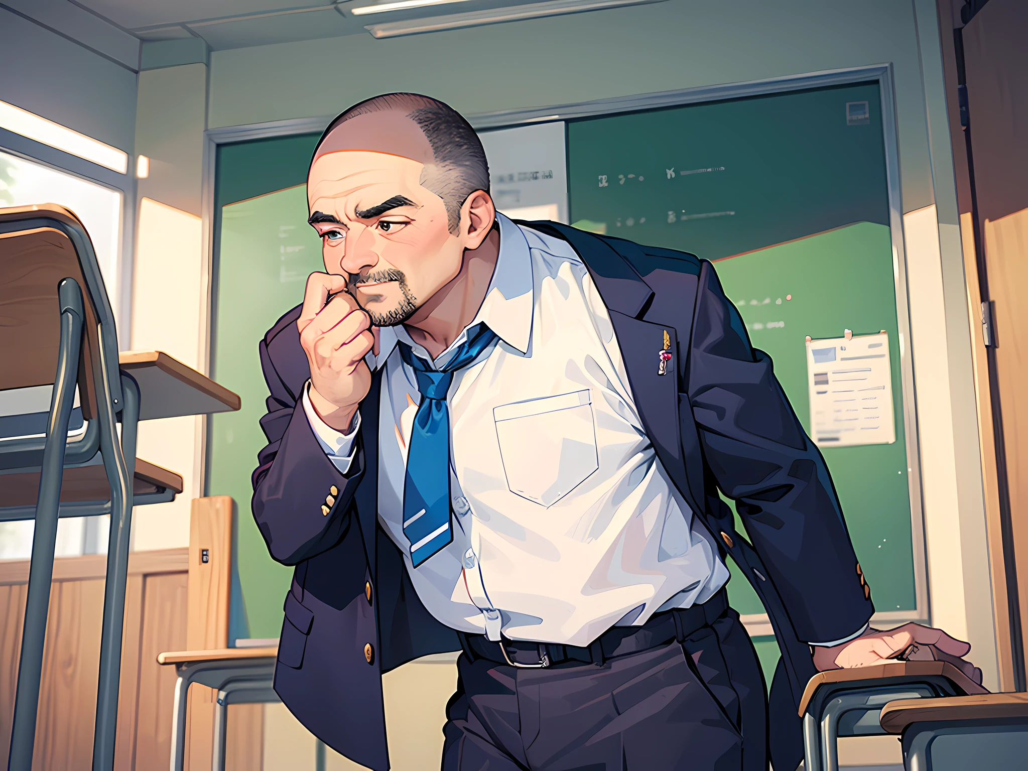 (Two men), one fat and one thin, in school uniforms, in the classroom
