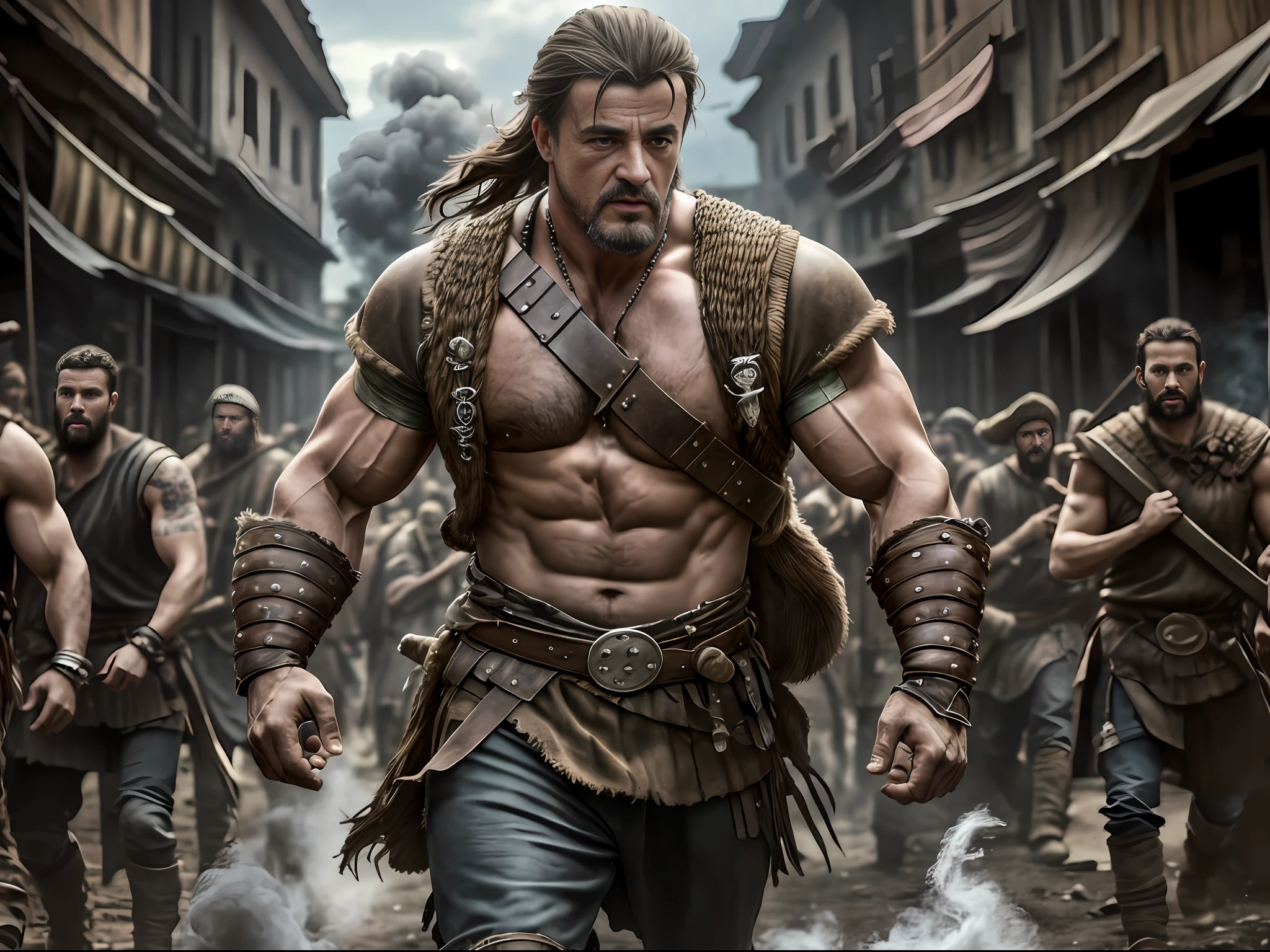 Viking pirate concept, realistic photography, a group of brutal Vikings robbing civilians, civilian leader Stallone (22 years old), handsome face, looking at the audience, blurred background, upper body, super strong and toned figure, bracers, shabby village, dirty, full body scars, tight and tattered clothes, fighting with Vikings, dry smile, power pose, hot, surrounded by a large group of refugees to support him, shabby modified motorcycles, smoke everywhere,