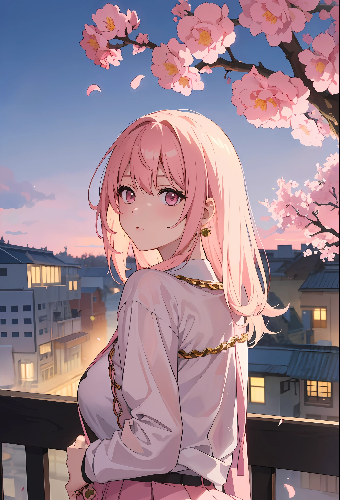 ((Anime style)), ((best quality)), ((masterpiece)), ((HDR+)), (best performance), (best lighting), (a college girl with pink Chanel hair with fringes), wearing a school uniform, in a [college road background on a Sakura tree falling petals], [Wlop], [Takehino Inoue], [Oh! Great]