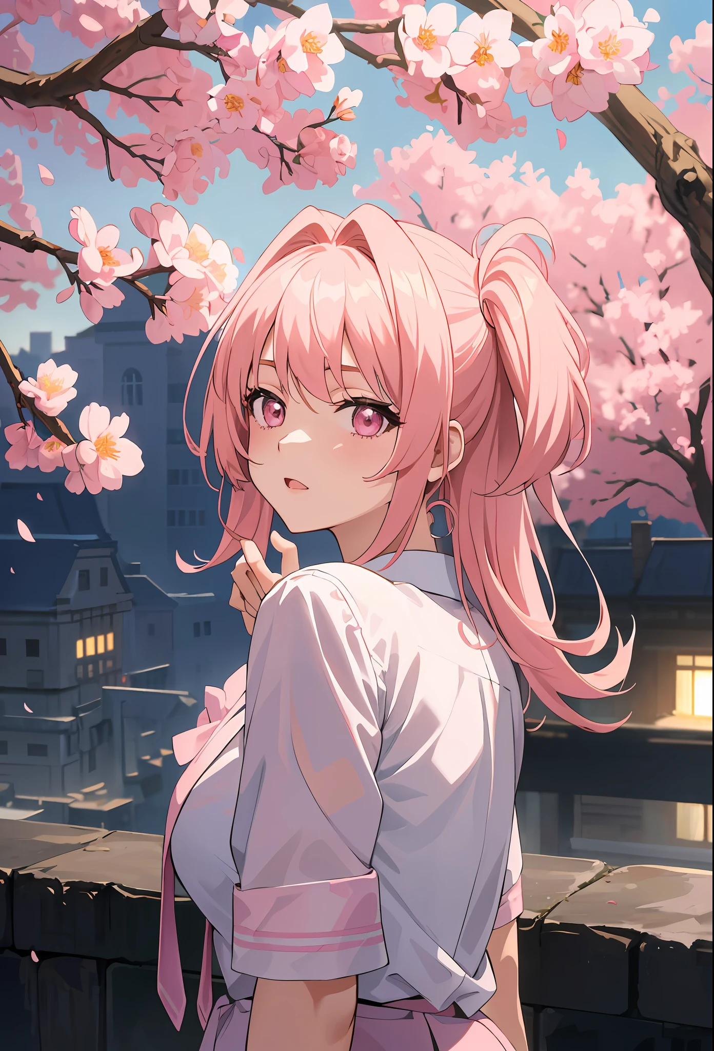 ((Anime style)), ((best quality)), ((masterpiece)), ((HDR+)), (best performance), (best lighting), (a college girl with pink Chanel hair with fringes), wearing a school uniform, in a [college road background on a Sakura tree falling petals], [Wlop], [Takehino Inoue], [Oh! Great]