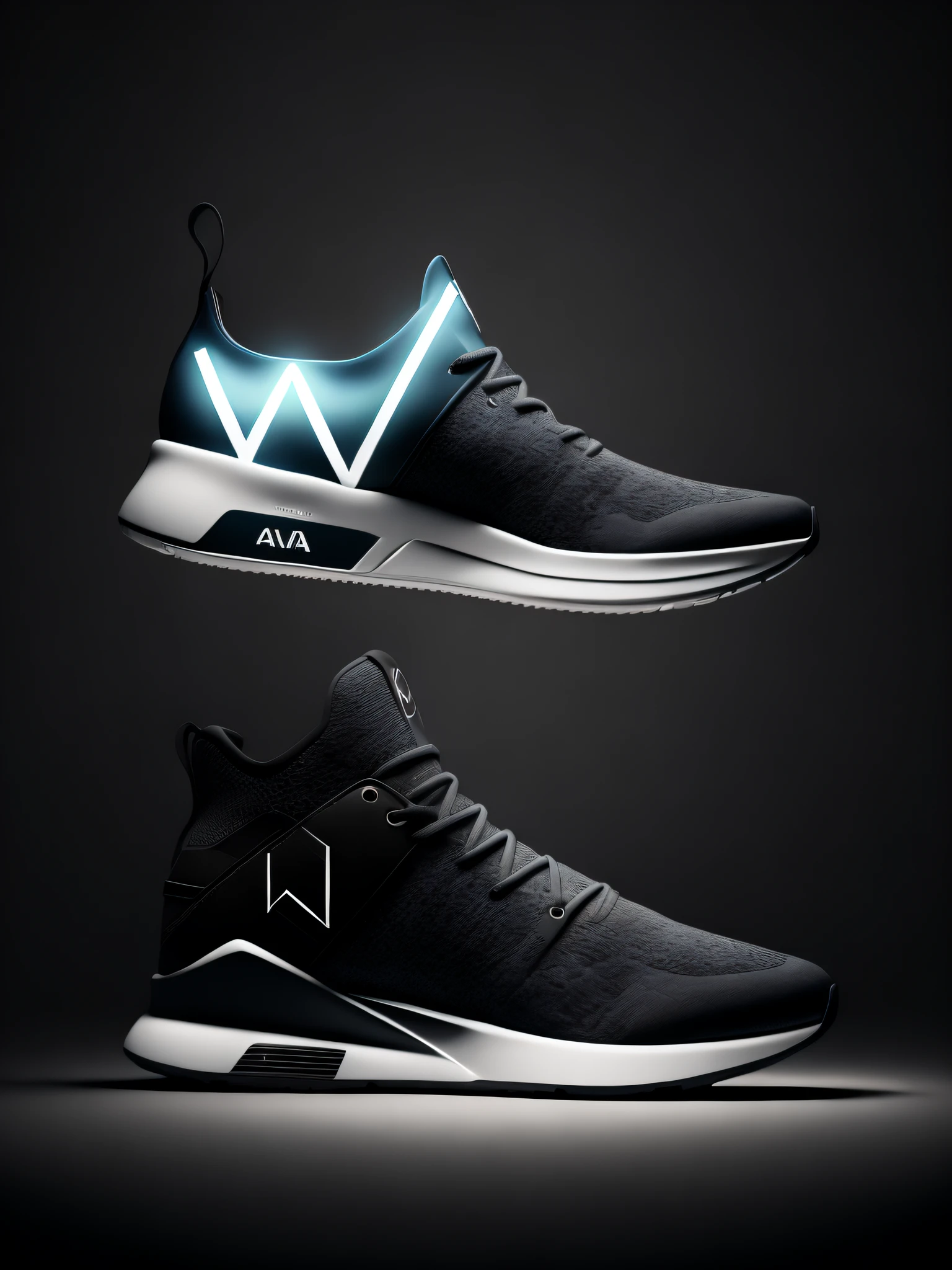 Product Photo (AVA) logo sneakers, spectacular rendering, octane, atmosphere, particles, AVA, AVA brand, Ava, "AVA" logo
