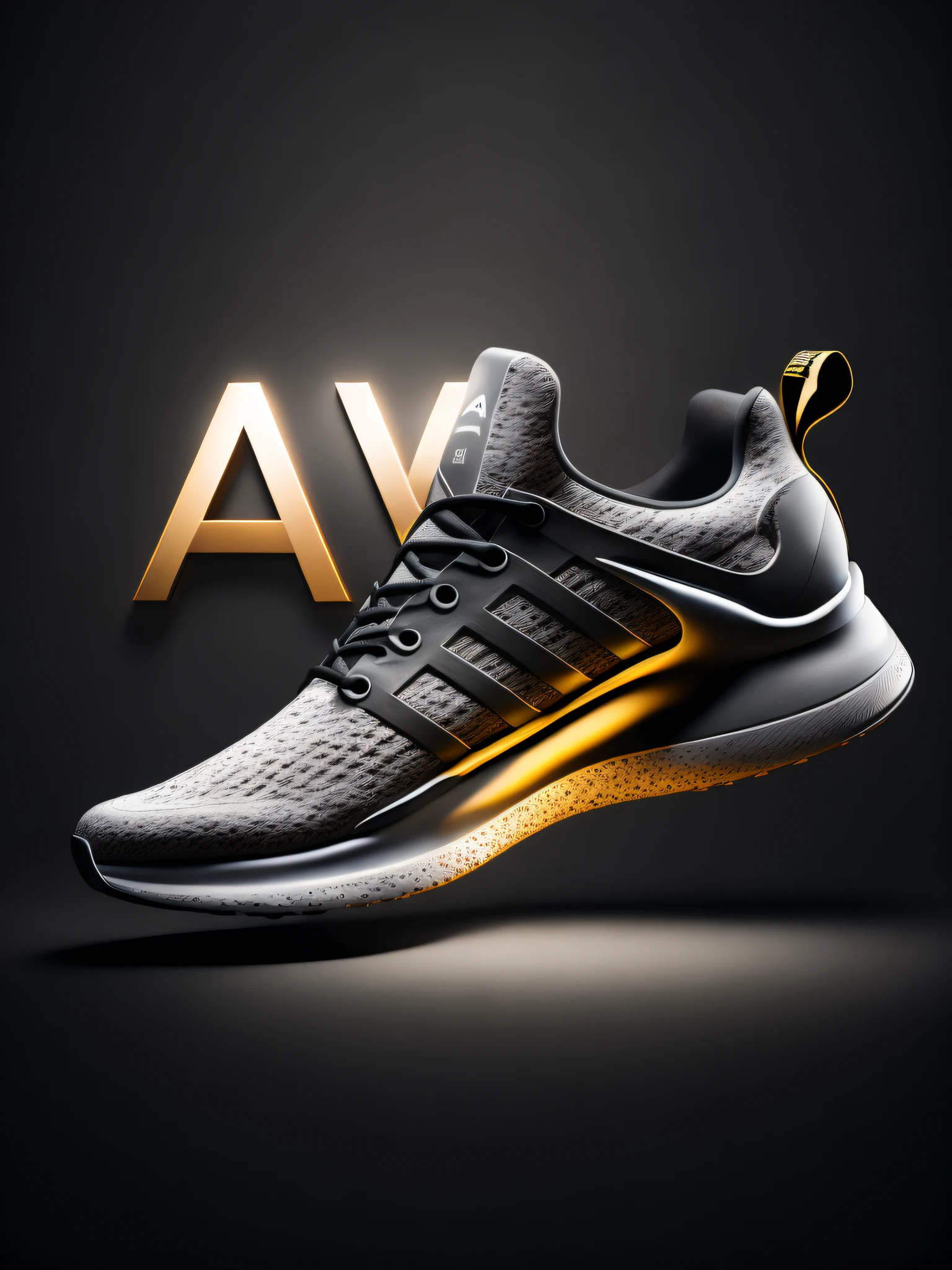 Product Photo (AVA) logo sneakers, spectacular rendering, octane, atmosphere, particles, AVA, AVA brand, Ava, "AVA" logo