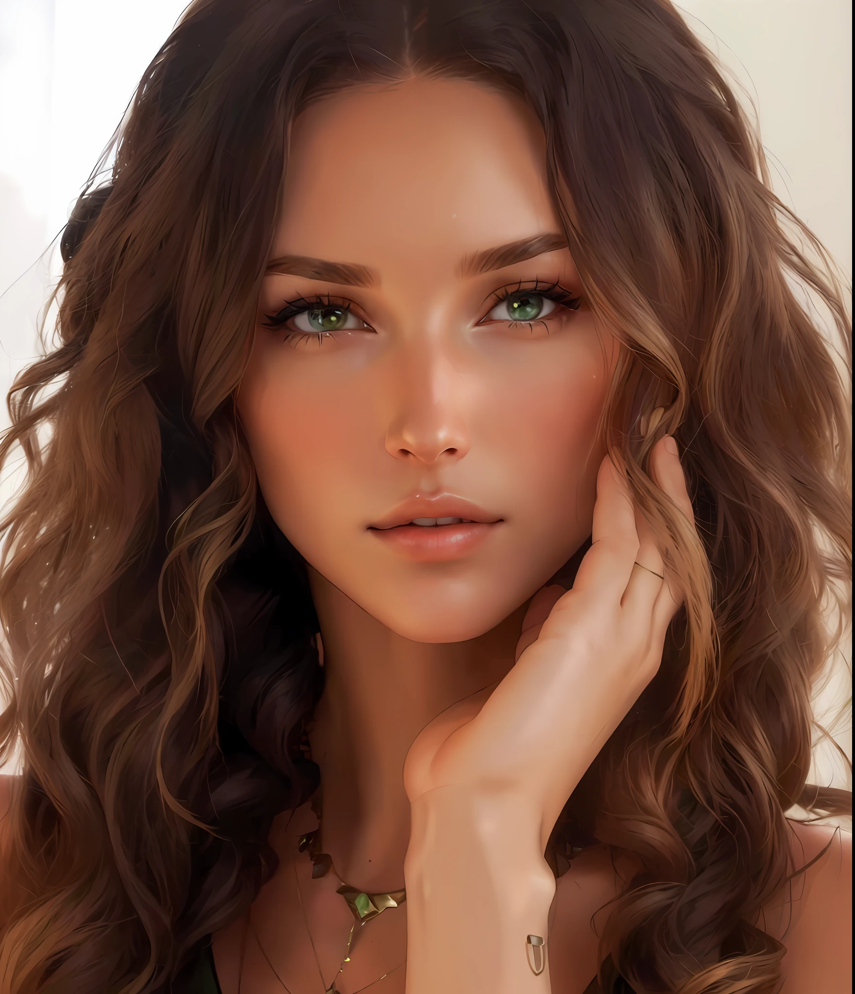 a close up of a woman with long hair and a necklace, victoria siemer, camilla luddington, julia sarda, tanned beauty portrait, diffused natural skin glow, sexy girl with green eyes, portrait sophie mudd, brunette, by Emma Andijewska, smoldering, gorgeous woman, stunning face, bella hadid, gorgeous face, with stunning green eyes