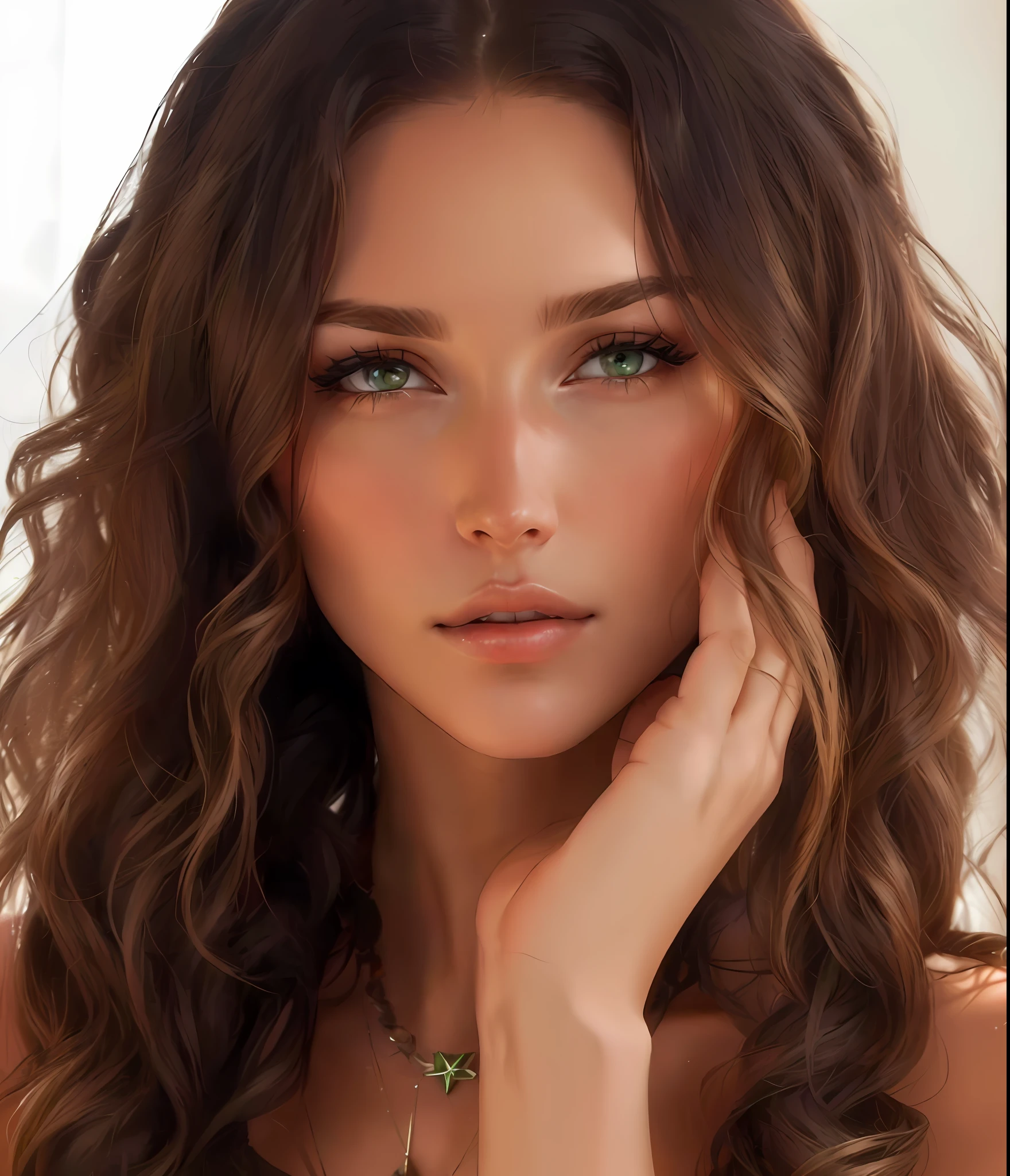 a close up of a woman with long hair and a necklace, victoria siemer, camilla luddington, julia sarda, tanned beauty portrait, diffused natural skin glow, sexy girl with green eyes, portrait sophie mudd, brunette, by Emma Andijewska, smoldering, gorgeous woman, stunning face, bella hadid, gorgeous face, with stunning green eyes