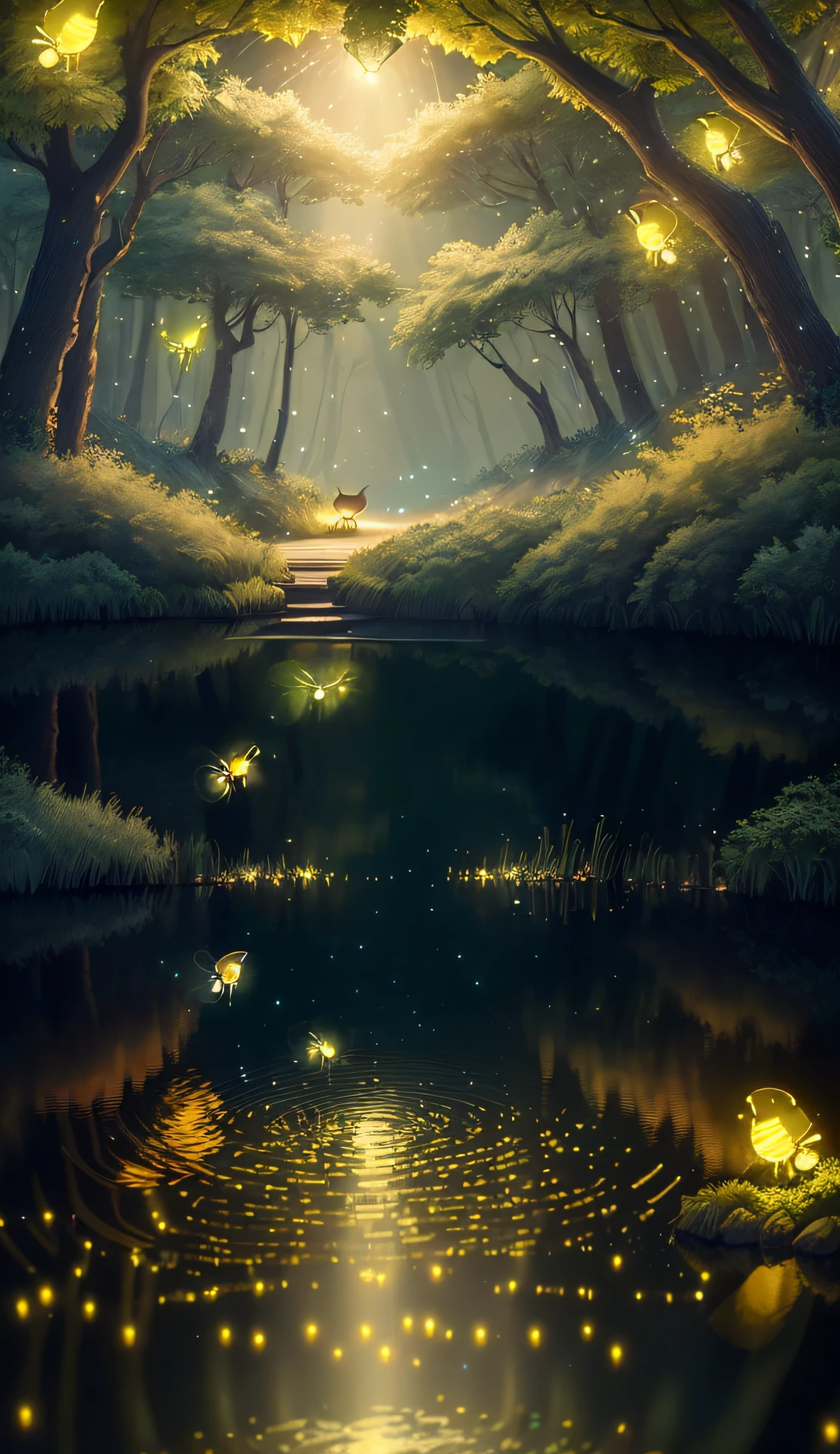 Masterpiece, best quality, (very detailed CG unity 8k wallpaper), (best quality), (best illustration), (best shadows), glow sprite, with a glowing deer, in the swimming pool Drinking water, natural elements in the forest theme. Mysterious forest, beautiful forest, nature, surrounded by flowers, delicate leaves and branches surrounded by fireflies (natural elements), (jungle theme), (leaves), (twigs), (fireflies), (particle effects) etc. 3D , Octane rendering, ray tracing, super detailed