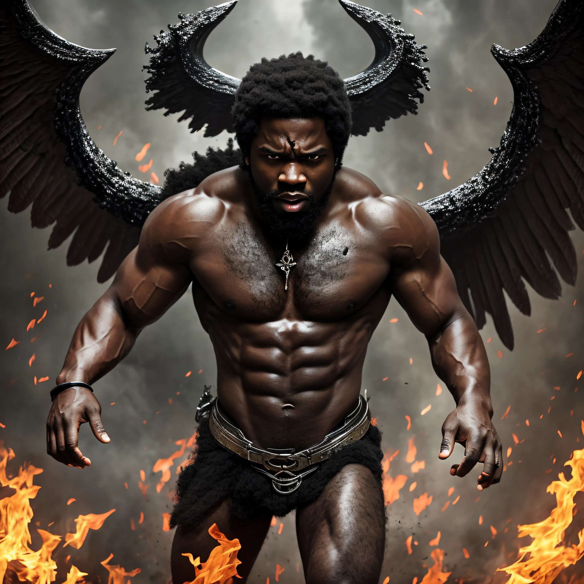 A black man with soot-soiled wings, battling a horde of demons that have emerged from the underworld. --auto --s2