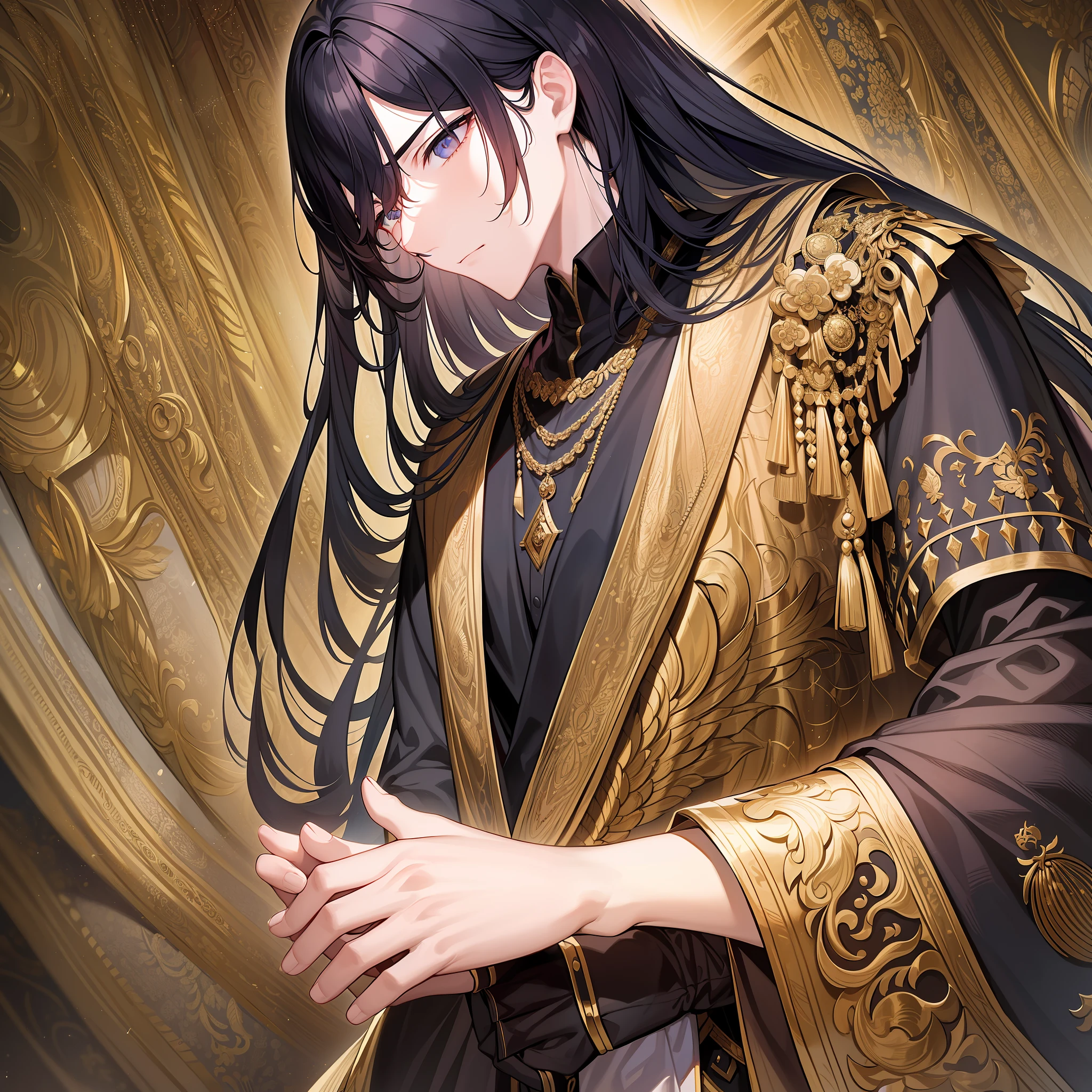 In this palace full of ancient charm, a black-haired boy showed his domineering and self-confidence.

He wore a gorgeous black gown full of golden phoenix motifs, showing his dignity and authority. Long black hair spread over his shoulders, looking timeless, highlighting his boldness and grace.

The boy clasped his hands to his chest, leaned back slightly, and looked down at the world under his feet, looking proud and confident. This posture exudes a calmness and calmness, as if he has all the information and situation, a stable attitude towards any event and the ability to think independently.

The whole picture is calm and solemn, as if it is expressing an indescribable domineering and honorable attitude in this young man. The picture uses deep black as the main color, plus many gold motifs, showing the extraordinary temperament and authority of the ager. Through this picture, we seem to feel the style and charm of that era.

This domineering teen shows his unique style and grace, makes people feel the sharpness and persistence of youth, and shows his belief and determination to move forward. The whole picture reveals a kind of strength and self-confidence, which makes people have a deep respect for that style and temperament.