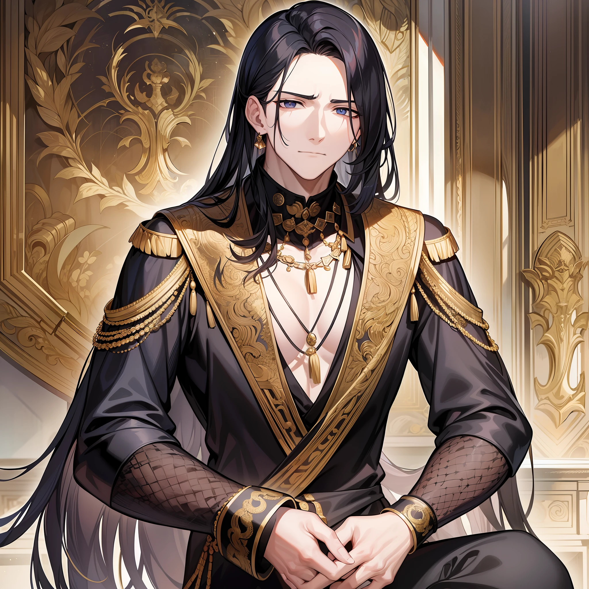 In this palace full of ancient charm, a black-haired boy showed his domineering and self-confidence.
He wore a gorgeous black gown full of golden phoenix motifs, showing his dignity and authority. Long black hair spread over his shoulders, looking timeless, highlighting his boldness and grace.
The boy clasped his hands to his chest, leaned back slightly, and looked down at the world under his feet, looking proud and confident. This posture exudes a calmness and calmness, as if he has all the information and situation, a stable attitude towards any event and the ability to think independently.
The whole picture is calm and solemn, as if it is expressing an indescribable domineering and honorable attitude in this young man. The picture uses deep black as the main color, plus many gold motifs, showing the extraordinary temperament and authority of the teenager. Through this picture, we seem to feel the style and charm of that era.
This domineering teenager shows his unique style and grace, makes people feel the sharpness and persistence of youth, and shows his belief and determination to move forward. The whole picture reveals a kind of strength and self-confidence, which makes people have a deep respect for that style and temperament.