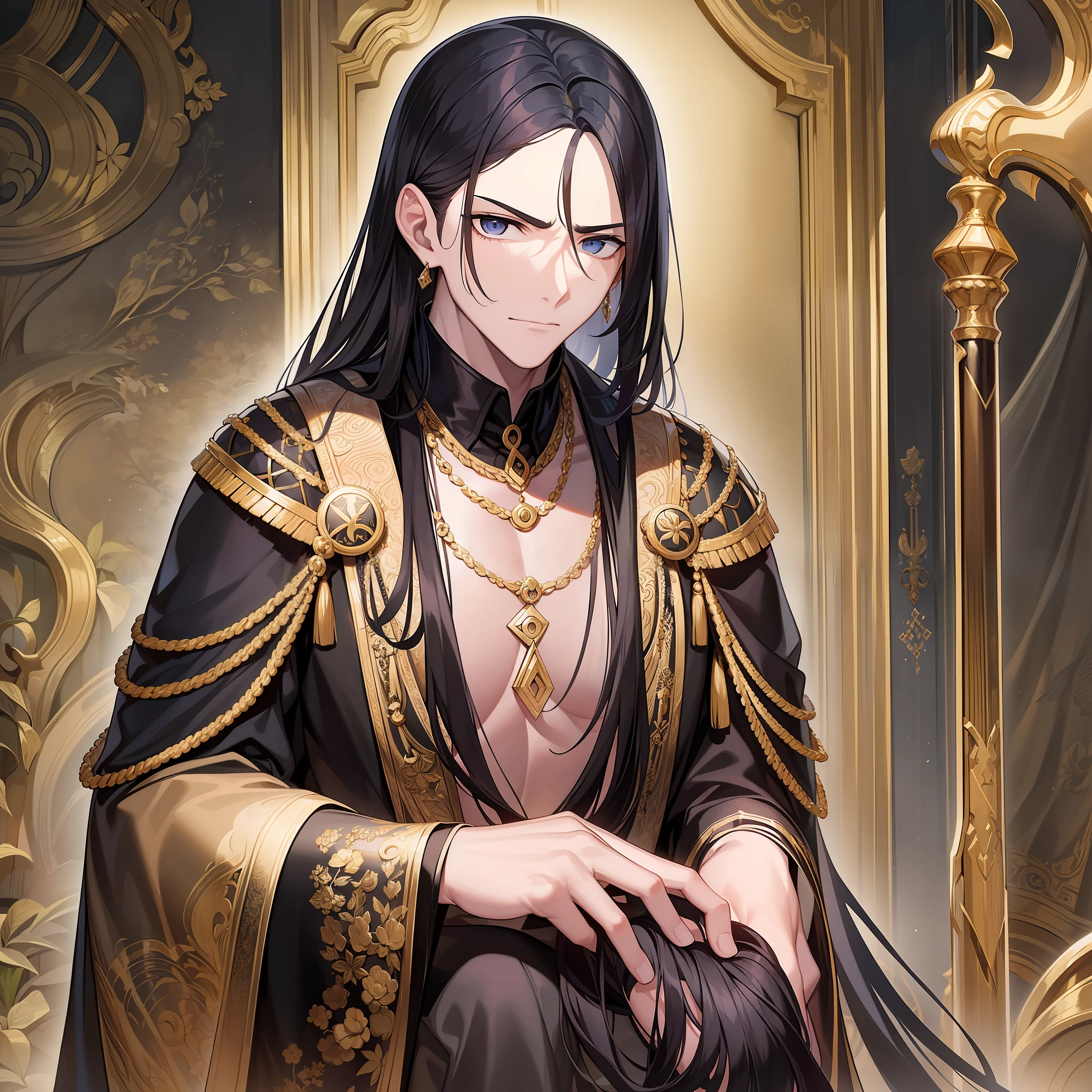 In this antique palace, a black-haired and handsome boy in costume came into view. He wore a gorgeous black robe embroidered with golden cloud patterns and held a black dragon pattern long sword, looking heroic. Long black hair hanging down his shoulders, like ink dye, unique personality and temperament make him unique. The boy stood in front of a huge mirror, reflecting the bridge of his high nose and slender eyebrows, and at this time, he frowned slightly, as if thinking about something important. The whole picture is dominated by black and gold, giving a deep, mysterious atmosphere, creating an otherworldly feeling. Every detail of the picture expresses the noble, elegant and long historical background, and the unique style and temperament give people a glimpse of the style and charm of ancient times. The heroic posture of the ager and the expression of thinking with his head down reveal a youthful sharpness and persistence, and through the picture, we seem to be able to feel his inner emotions. This picture is not only a display of images, but also a strong call for youth romance, and expresses the pursuit of true love and pursuit.