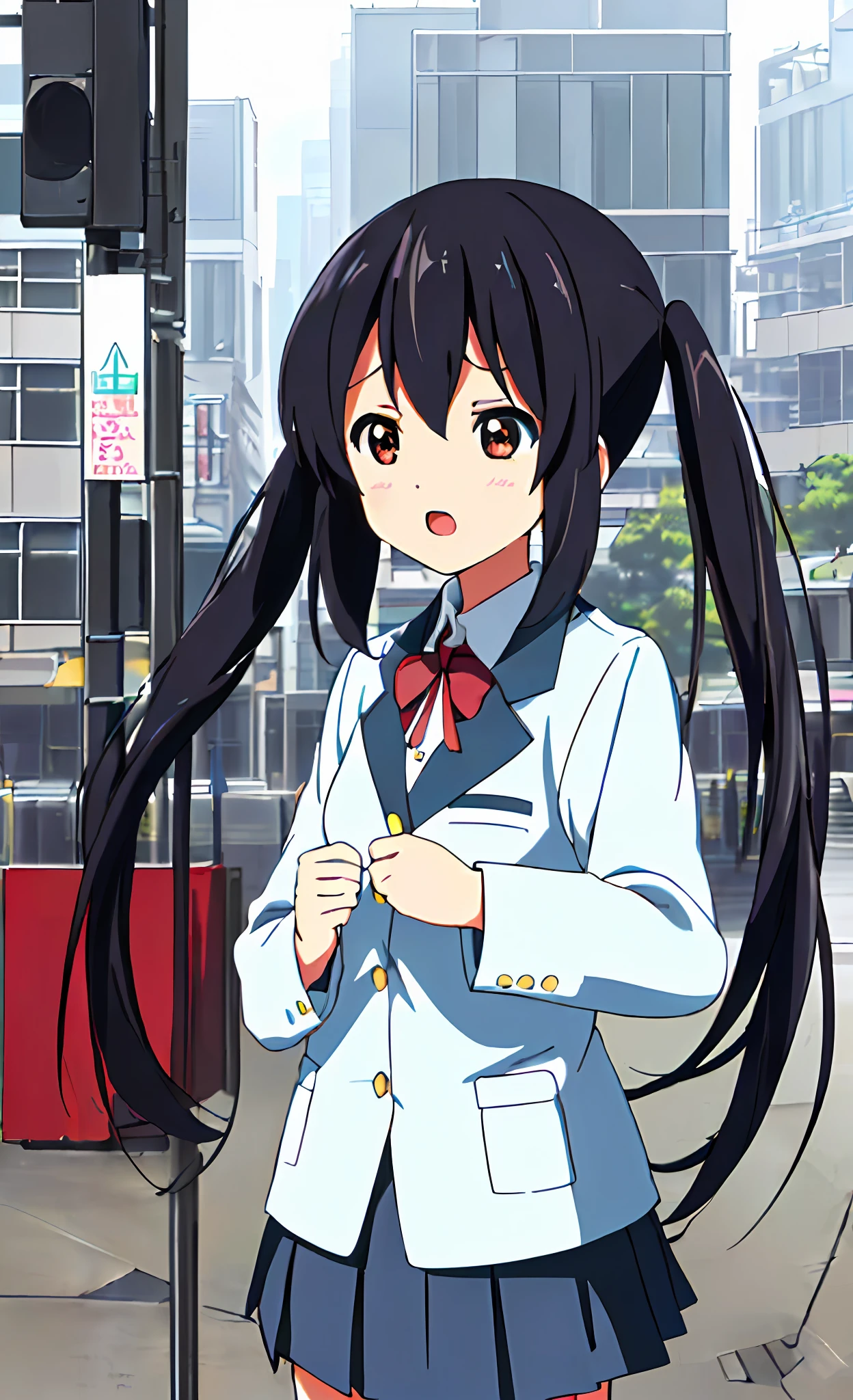 1girl, ((((Masterpiece))), Best Quality, Best Quality, High Detail, Azusa Nakano, 1girl, Sakuragaoka High School Uniform, Musical Instrument, School Uniform, Twin Tails, Long Hair, Black Hair, Brown Eyes, Solo, Red, Dark blue blazer with a thin ribbon of red, Solid white button shirt under blazer, Illustration, Cartoon, Soothing tones, Muted colors, Soft cinematic light, Adobe Lightroom, Photo Lab, HDR, complex and highly detailed, (((depth of field))))). (((Masterpiece))). (((highest quality))).) ((super detail))). (((Illustration))). (((Outside))). (((fighting stance))).,((((Giantization))).dynamic focus.small breasts. (((skyscrapers))). (((Cityscape))). (((Face of sadness))). open mouth