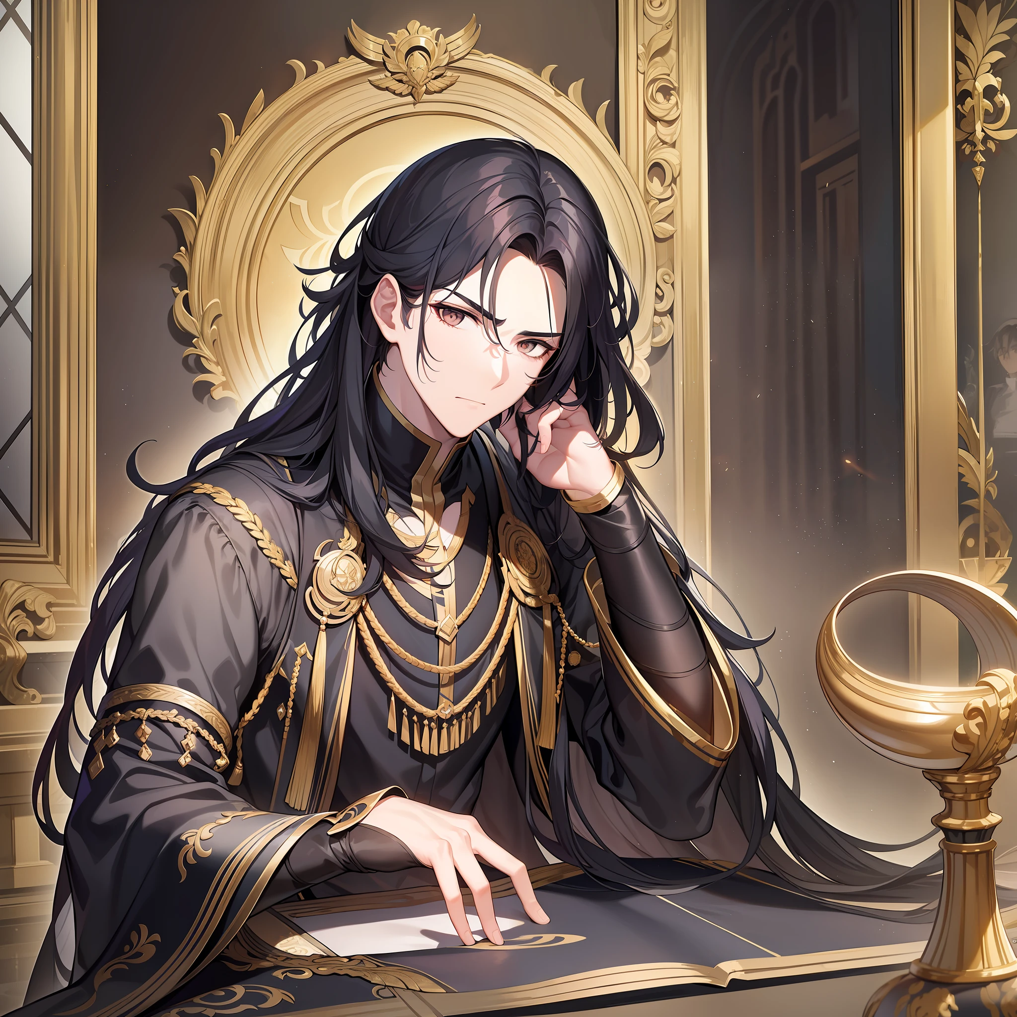 In this antique palace, a black-haired and handsome boy in costume came into view. He wore a gorgeous black robe embroidered with golden cloud patterns and held a black dragon pattern long sword, looking heroic. Long black hair hanging down his shoulders, like ink dye, unique personality and temperament make him unique. The boy stood in front of a huge mirror, reflecting the bridge of his high nose and slender eyebrows, and at this time, he frowned slightly, as if thinking about something important. The whole picture is dominated by black and gold, giving a deep, mysterious atmosphere, creating an otherworldly feeling. Every detail of the picture expresses the noble, elegant and long historical background, and the unique style and temperament give people a glimpse of the style and charm of ancient times. The heroic posture of the ager and the expression of thinking with his head down reveal a youthful sharpness and persistence, and through the picture, we seem to be able to feel his inner emotions. This picture is not only a display of images, but also a strong call for youth romance, and expresses the pursuit of true love and pursuit.