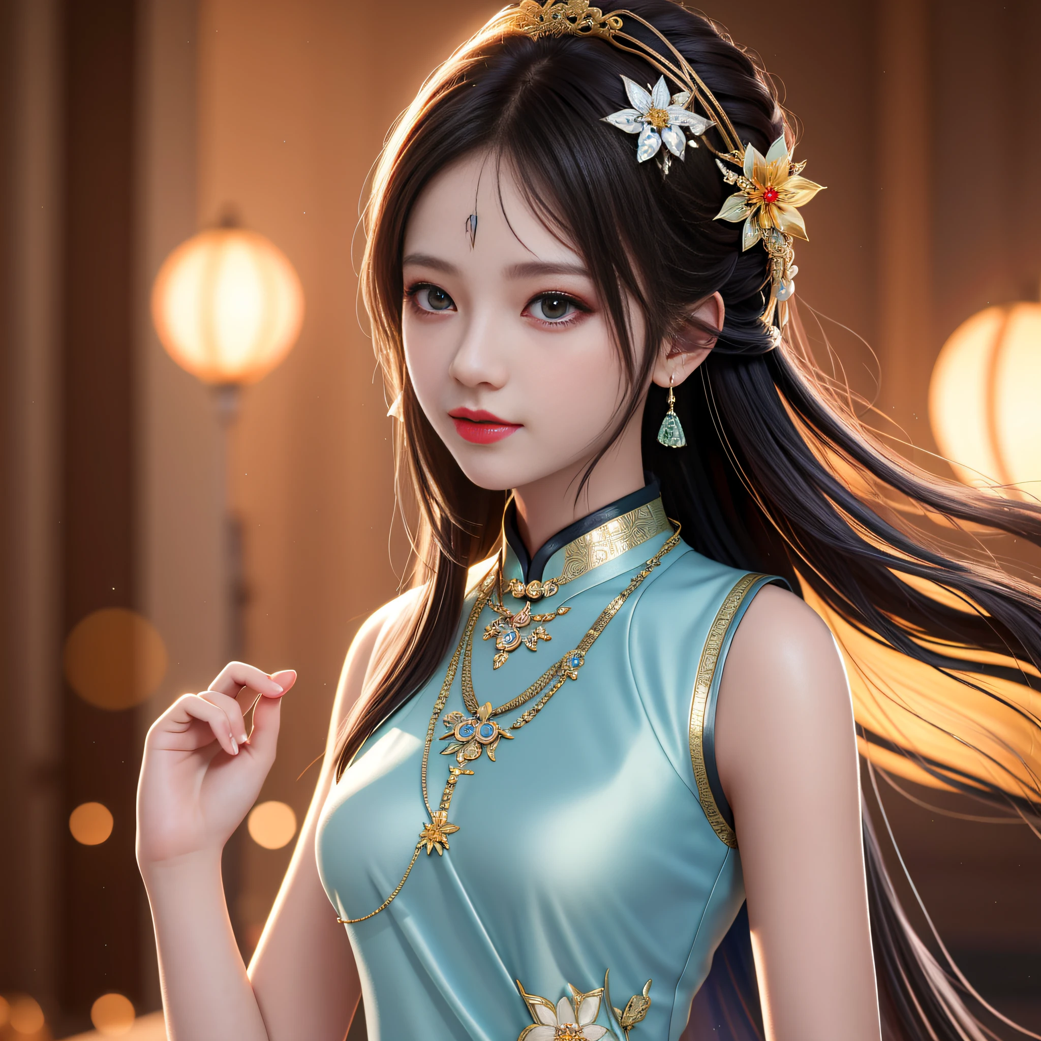 Best Quality, Masterpiece, Hi-Res, One Girl, Cheongsam, Headwear, Necklace, Jewelry, Beautiful Face, upon_body, Tyndall Effect, Photorealistic, Dark Studio, Rim Lighting, Two-Tone Lighting, (High Definition Skin: 1.2), 8k uhd, dslr, soft lighting, high quality, volumetric lighting, candid, photography, high resolution, 4k, 8k, bokeh,