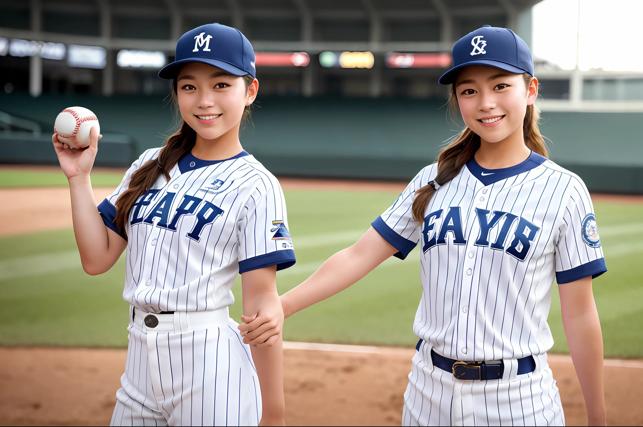 baseball cosplay,  baseball stadium, baseball uniform, smiling, 1girl, cowboy shot, detailed uniform, look at viewer, (SIGMA 85mm f1.4), depth of field, bokeh,  detailed photorealistic background, diffused natural sunlight, diffused natural skin glow, summer, photo realistic, photo