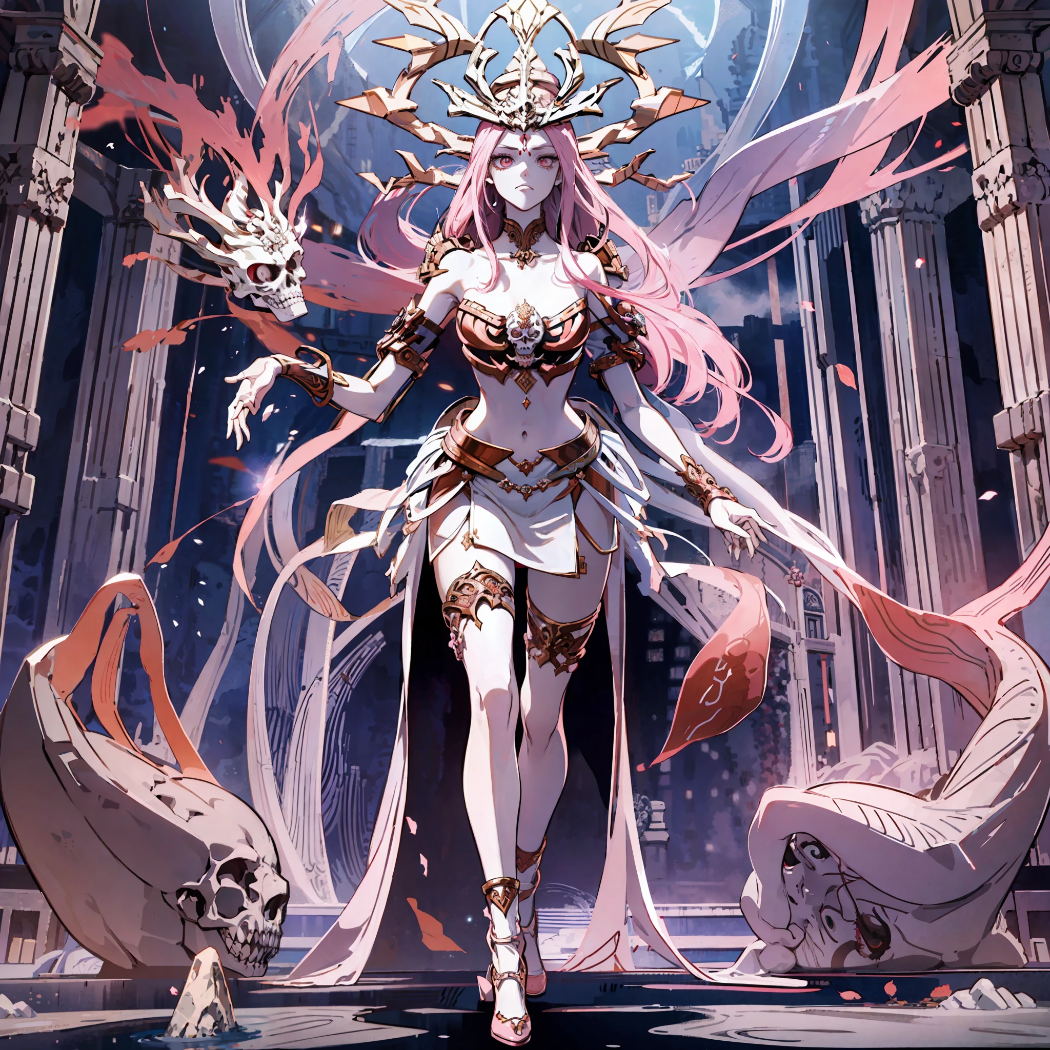 Medusa, hair composed of pink snakes, red-white eyes, ultra-detailed sea surface, skull in eye reflection, background of white stone statue of muscular man, expression of anger and hatred, symbol of the central feminine, well-structured female body, full body bow, white silk high heels