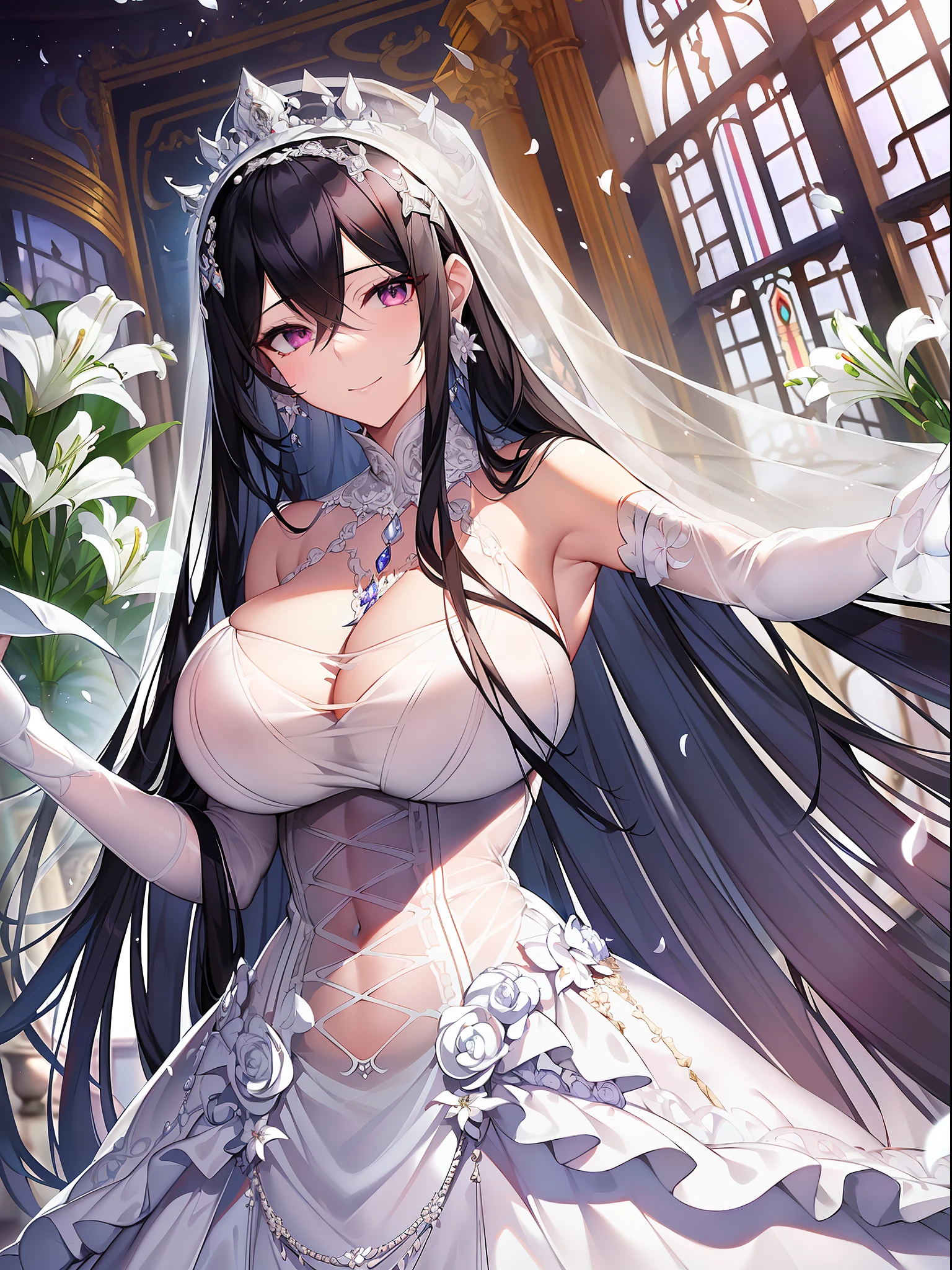 ((anime artstyle)),(((Masterpiece))), ((Best Quality)), ((Super Detail)), Illustration, (((Very Delicate and Beautiful))),Dynamic Angle,Looking at viewer,((((Solo)))),June bride,((((1 arrogant empress in See-through white wedding dress having a wedding ceremony in a royal palace)))), in the flower garden,((((Full body)))),(standing),(((smile))),(blash),Purple eyes,(Sharp eyes),Detailed Face, Long Eyelashes,Jet Black Hair,(Straight Hair),((Very Long Hair)),Bangs between eyes, ((((gigantic breasts)))),cleavage,skindentation,curvy,See-through,(((fusion of See-through white wedding dress and white rococo ball gown))),(fluffy See-through white wedding dress with gorgeous embroidery),((hoop skirt)),long skirt,corset,crinoline,(long wedding veil),opera gloves,finely decorated jeweled big tiara, gem earrings,finely decorated necklace,Beautifully jeweled ornaments,indoor,((white lily flowers)), flower petals flowing,Stained glass,light particles,