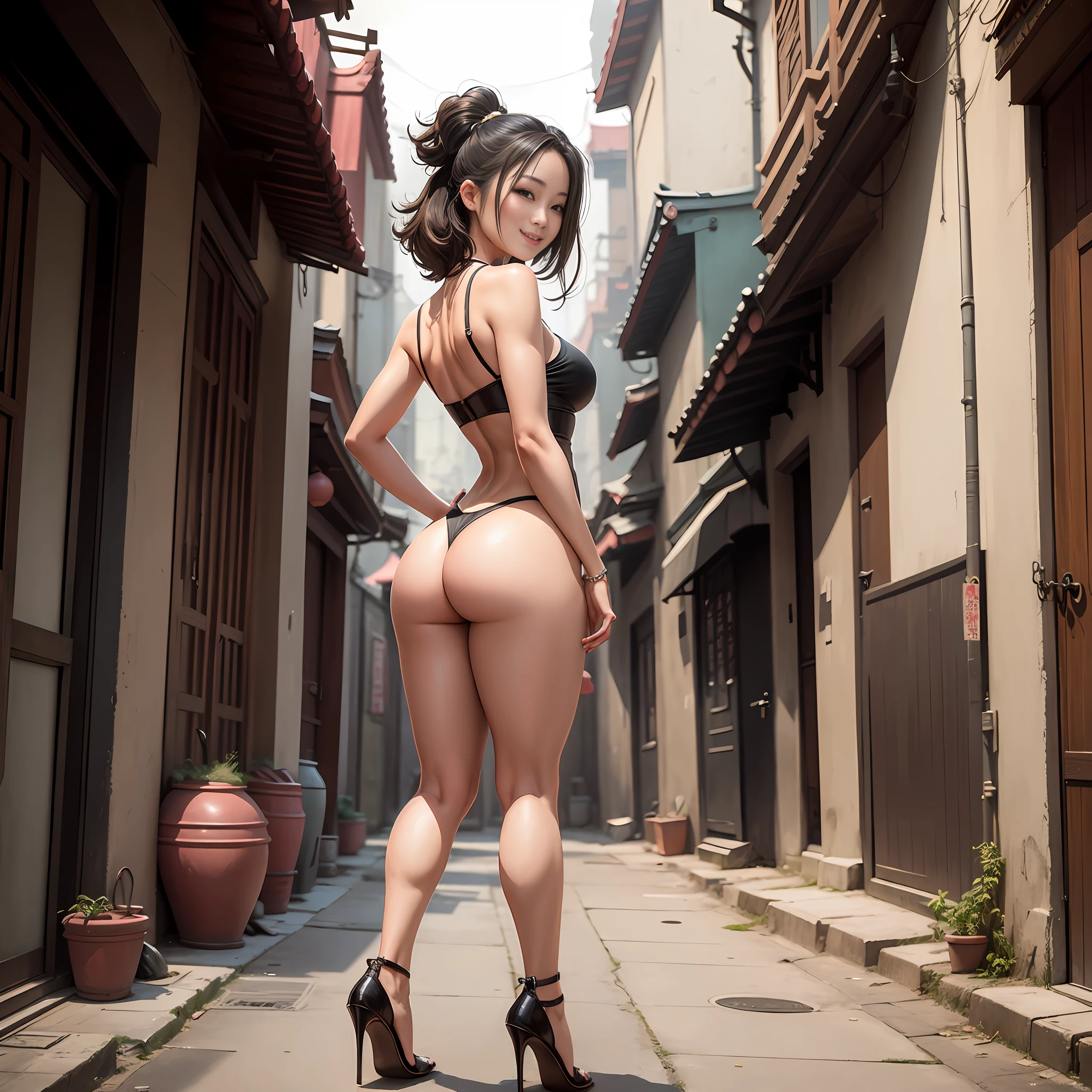In an alley in the style of 80s Chinese architecture, a beautiful woman with a bare ass and high heels smiles to show her beautiful ass to the camera