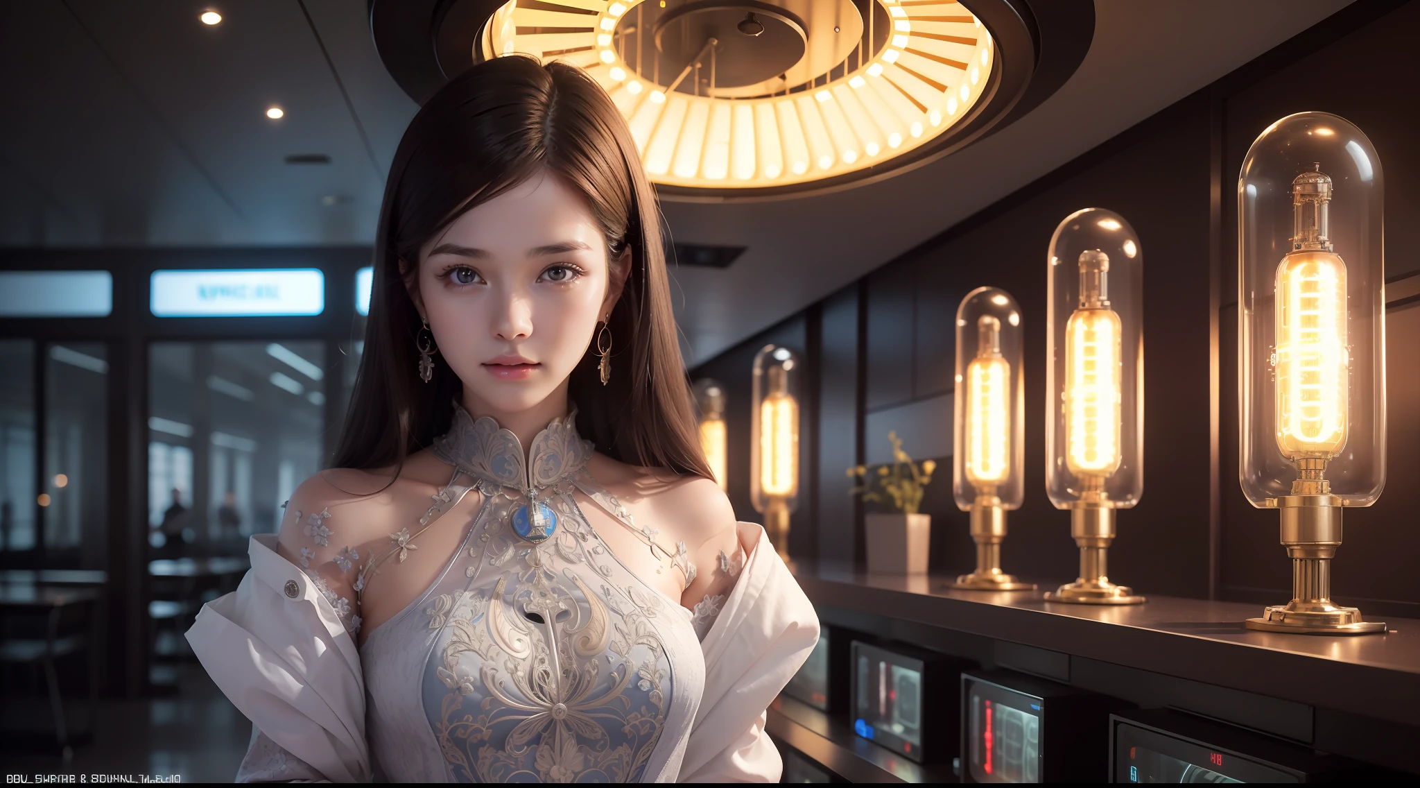 technological advances in education, stylish clothing, futuristic school environment, (beautiful and elegant face), (detailed skin), (oil: 0.6), (Nixie tube: 0.8), (highly detailed, hyper-detailed, intricate), (flowering: 0.4), soft lighting, (side lighting: 0.8), 8k