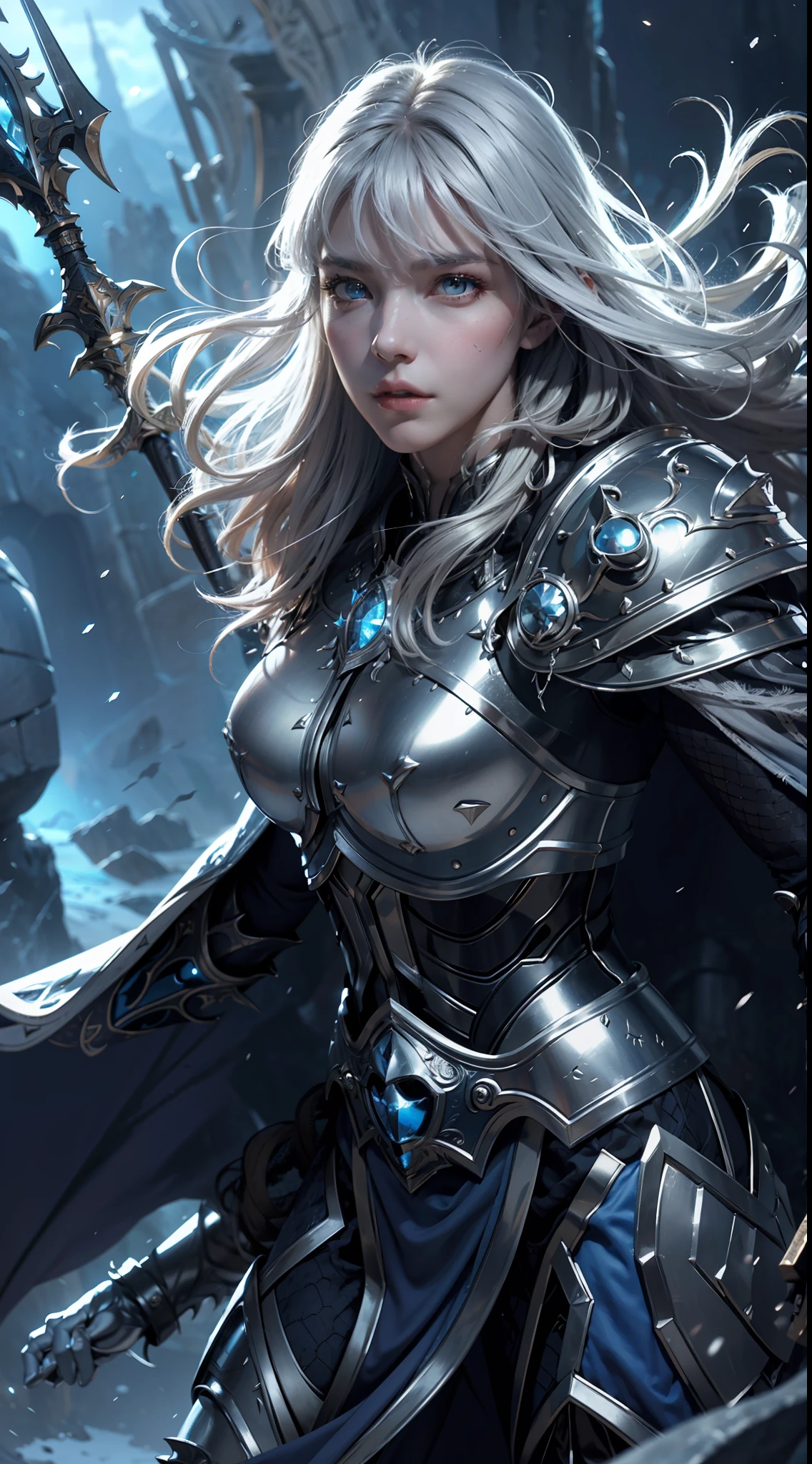 8k,ultra detailed, masterpiece, best quality, (extremely detailed), dynamic angle, Mysterious expression, wind effect, fantasy background, rim lighting, cinematic light, ultra high res, 8k uhd, film grain,best shadow, delicate, RAW, light particles, detailed skin texture, detailed armor texture, detailed face, intricate details, ultra detailed, bright, strong, silver armor, (holding weapon), slashing, slash action, pauldrons, glowing eyes, long cape, fantasy, (realistic), shoulder armor, complex, intricate, perfect lighting, looking at viewer, cinematic lighting, flying in sky,flying, holy light, vivid, bangs, windy, frozen mountains, long white wavy hair, lich queen