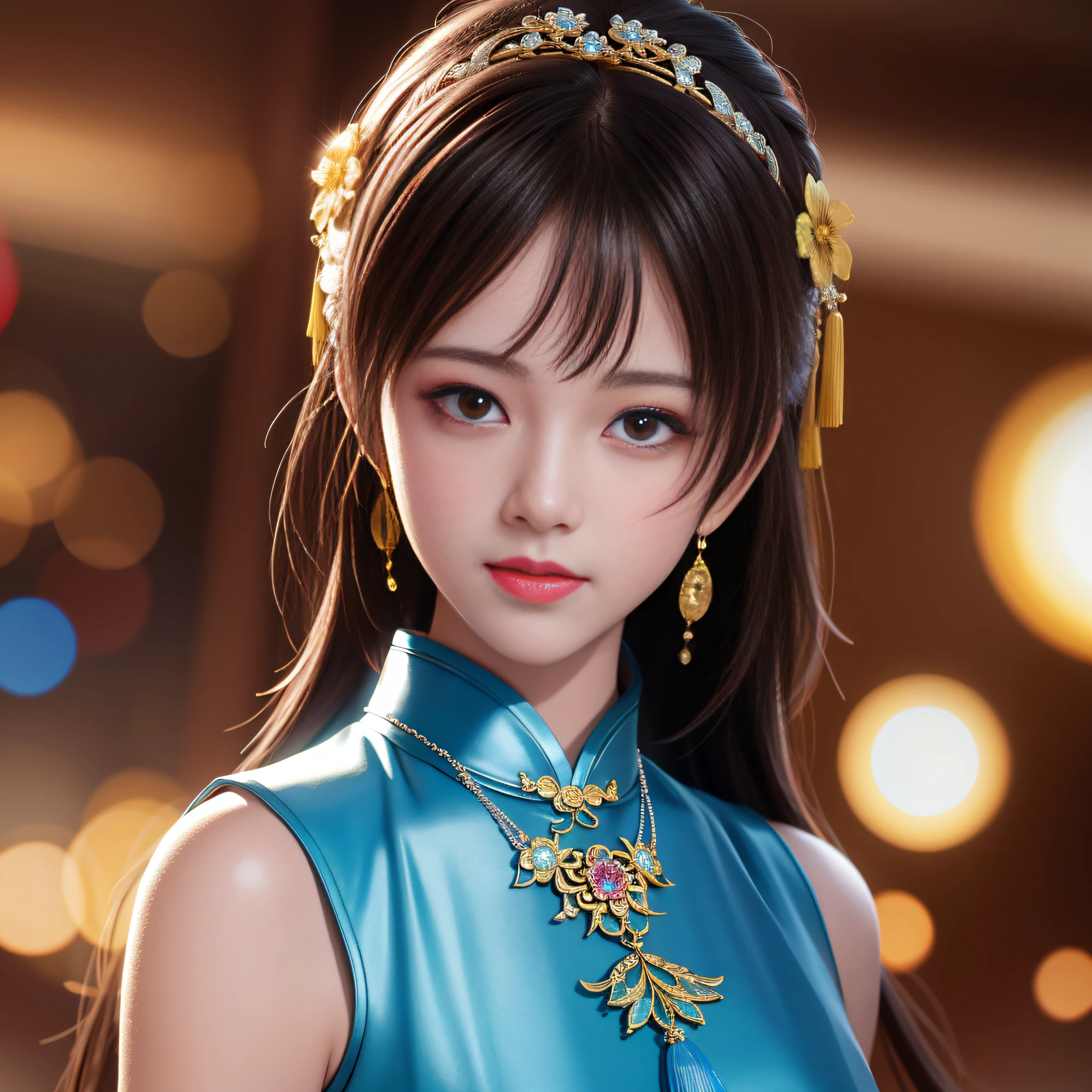Best Quality, Masterpiece, Hi-Res, One Girl, Cheongsam, Headwear, Necklace, Jewelry, Beautiful Face, upon_body, Tyndall Effect, Photorealistic, Dark Studio, Rim Lighting, Two-Tone Lighting, (High Definition Skin: 1.2), 8k uhd, dslr, soft lighting, high quality, volumetric lighting, candid, photography, high resolution, 4k, 8k, bokeh,