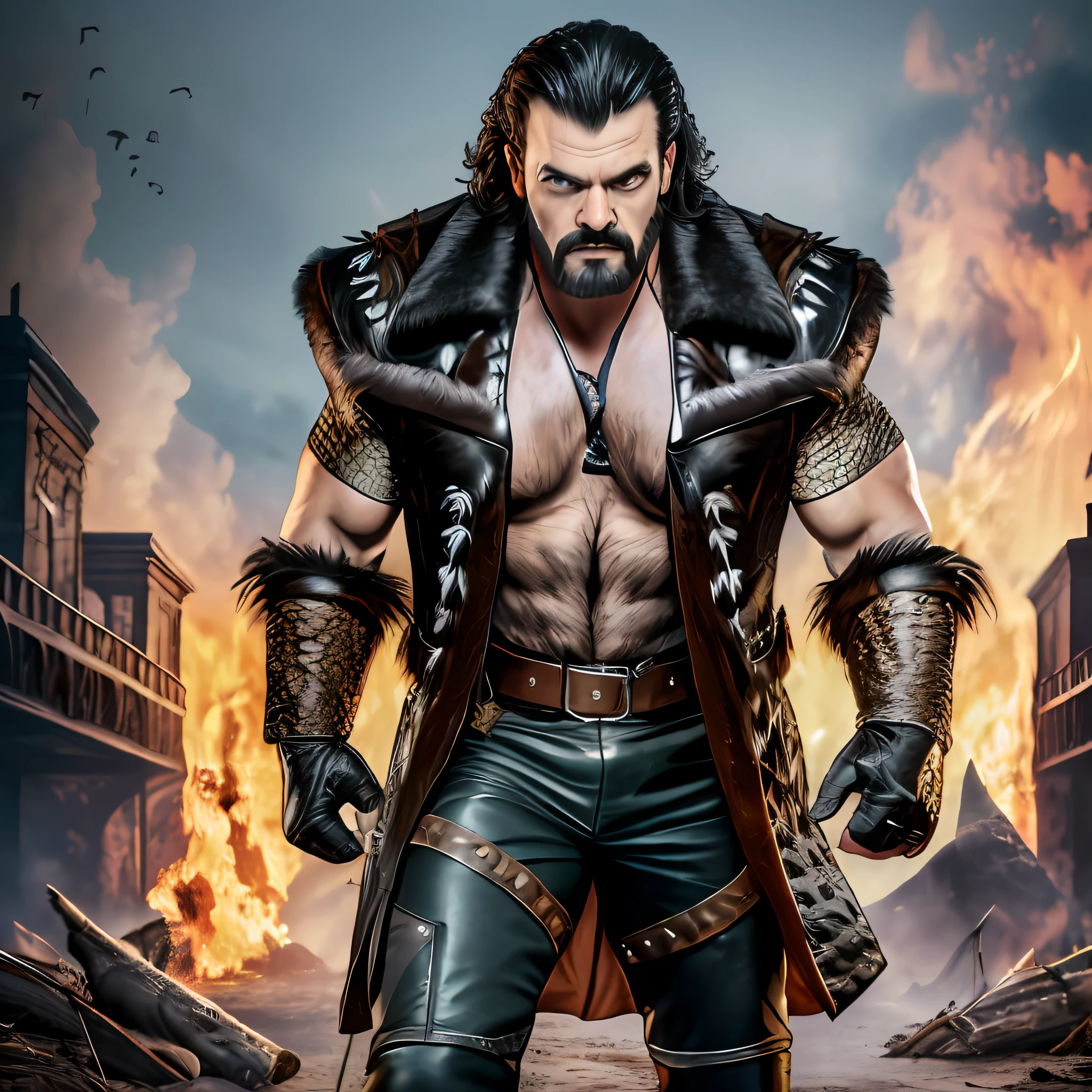 (4k, best quality, masterpiece), Realistic photo of (Kraven the hunter), menacing, perfect face, black eyes, (full body), Crocodile skin jacket, leather boots, high definition, ultra-detail-oriented