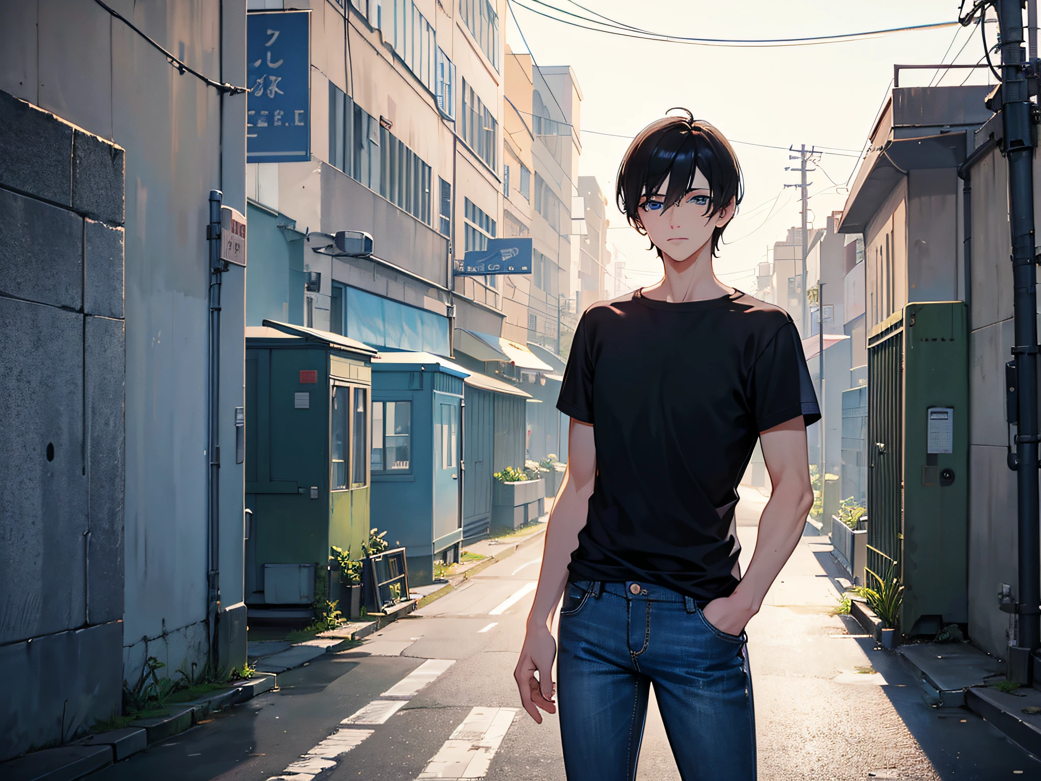 A man with blue eyes, a delicate face, short black hair, wearing short-sleeved jeans, standing in front of the prison, the weather is clear, there are many people on the street, many vendors on the street
