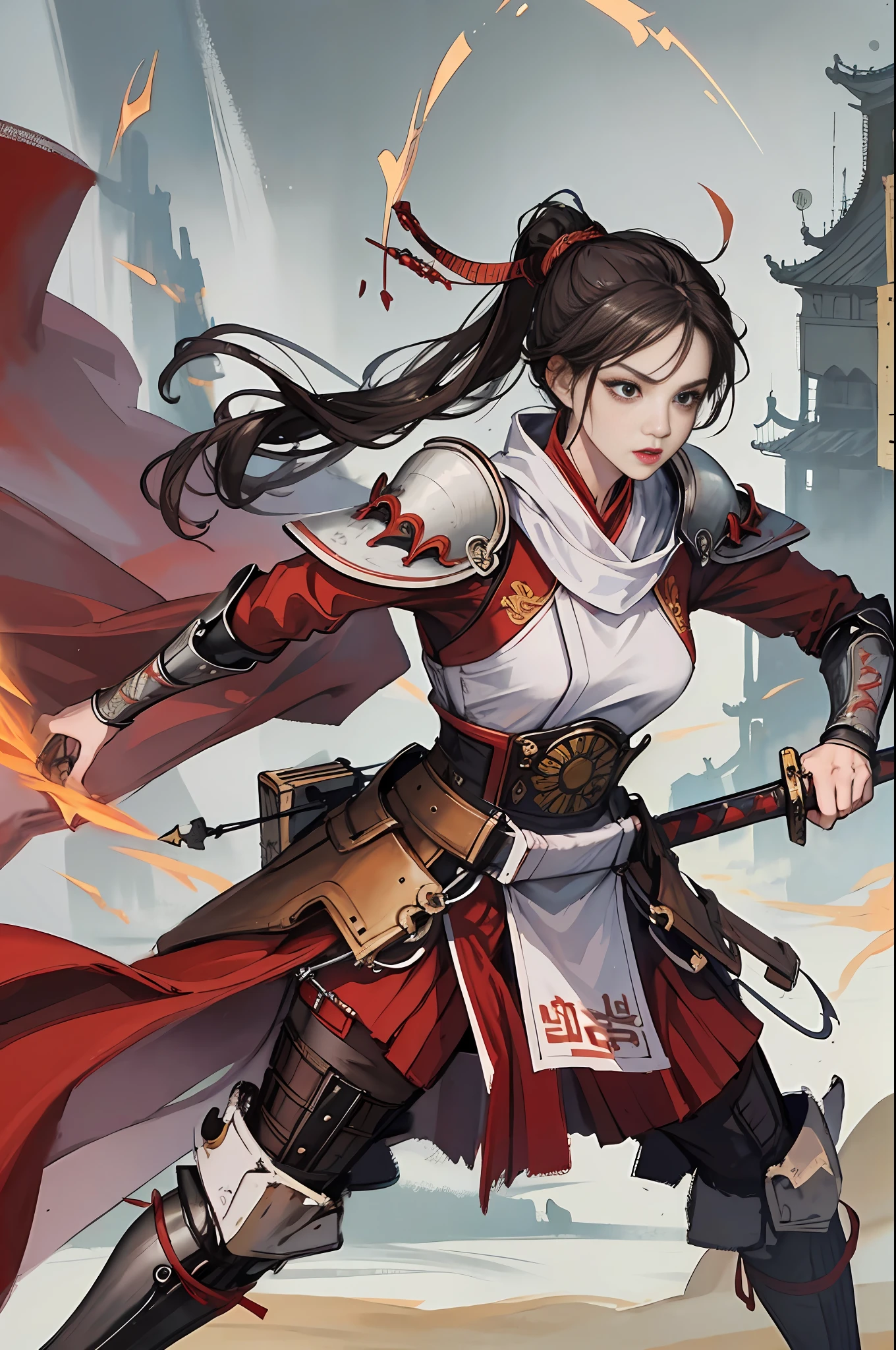 Chinese style, ancient battlefield, an ancient Chinese female general, holding a sword in her hand, angry expression, full body, amazing facial features, red robes, armor, boots, yellow sand in the sky, fleeing crowd, firelight, game models, stunning lighting, C4D, OC rendering, cinematic edge light, delicate light, masterpiece, super detailed, epic composition, super HD, high quality, highest quality, 32k