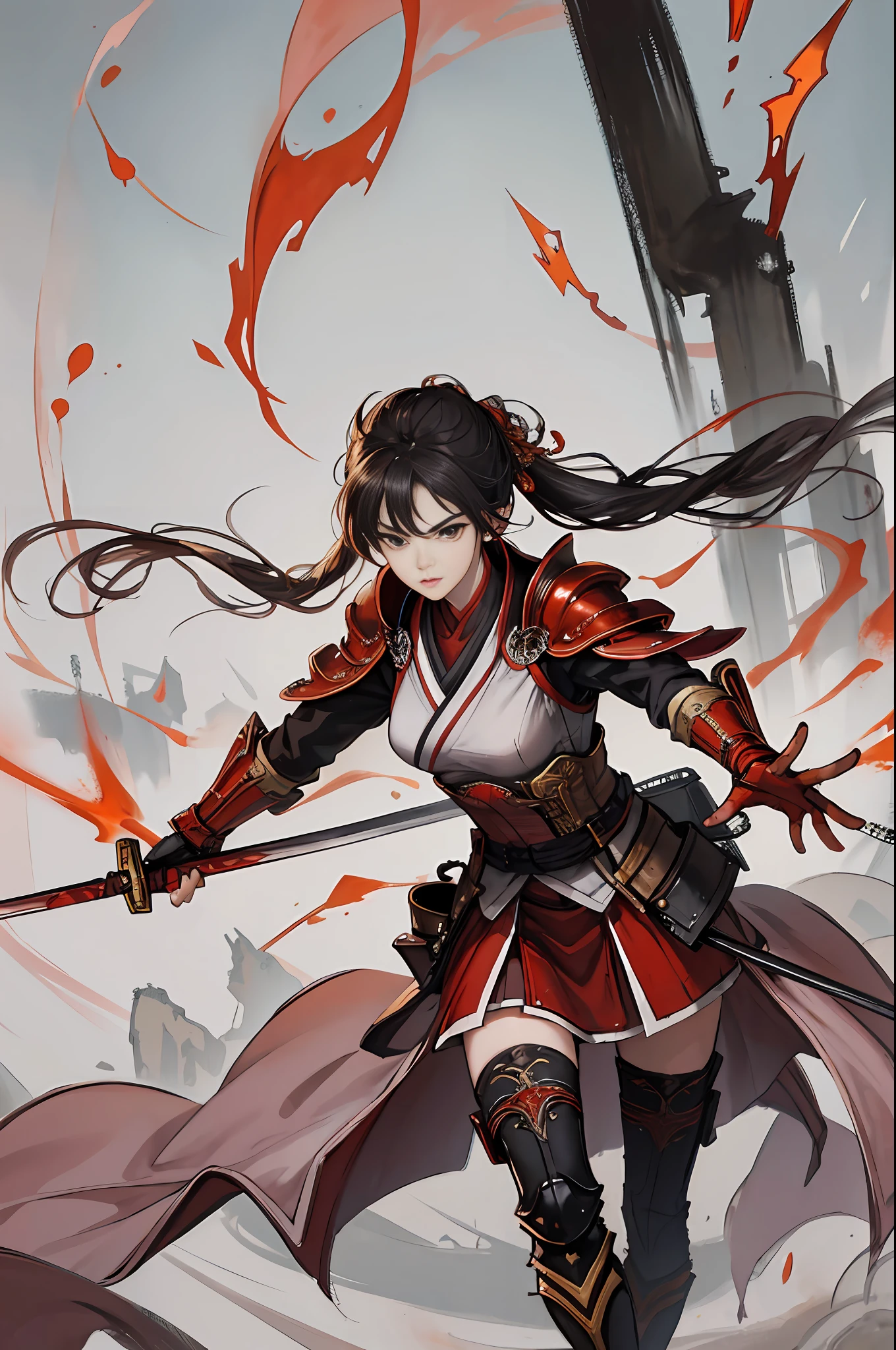 Chinese style, ancient battlefield, an ancient Chinese female general, holding a sword in her hand, angry expression, full body, amazing facial features, red robes, armor, boots, yellow sand in the sky, fleeing crowd, firelight, game models, stunning lighting, C4D, OC rendering, cinematic edge light, delicate light, masterpiece, super detailed, epic composition, super HD, high quality, highest quality, 32k
