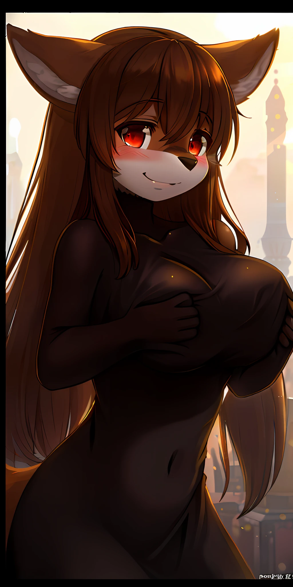 (((Out-of-Frame Expansion)), (sfw)furry, nobody, breast, cute, shy expression, blush, to, bersome breast, thin top, (almost transparent gauze), (8k, RAW photo, best quality, masterpiece: 1.2), (realistic, photorealistic: 1.2), (pureerosface_v1:0.2)), 1foxgirl, (upper body: 1.6), (medium breasts: 1.4), ((breast leakage)) red_eyes, brunette hair, closed_mouth, (smile: 1.2), lips, long_hair, looking..., subject away from the frame