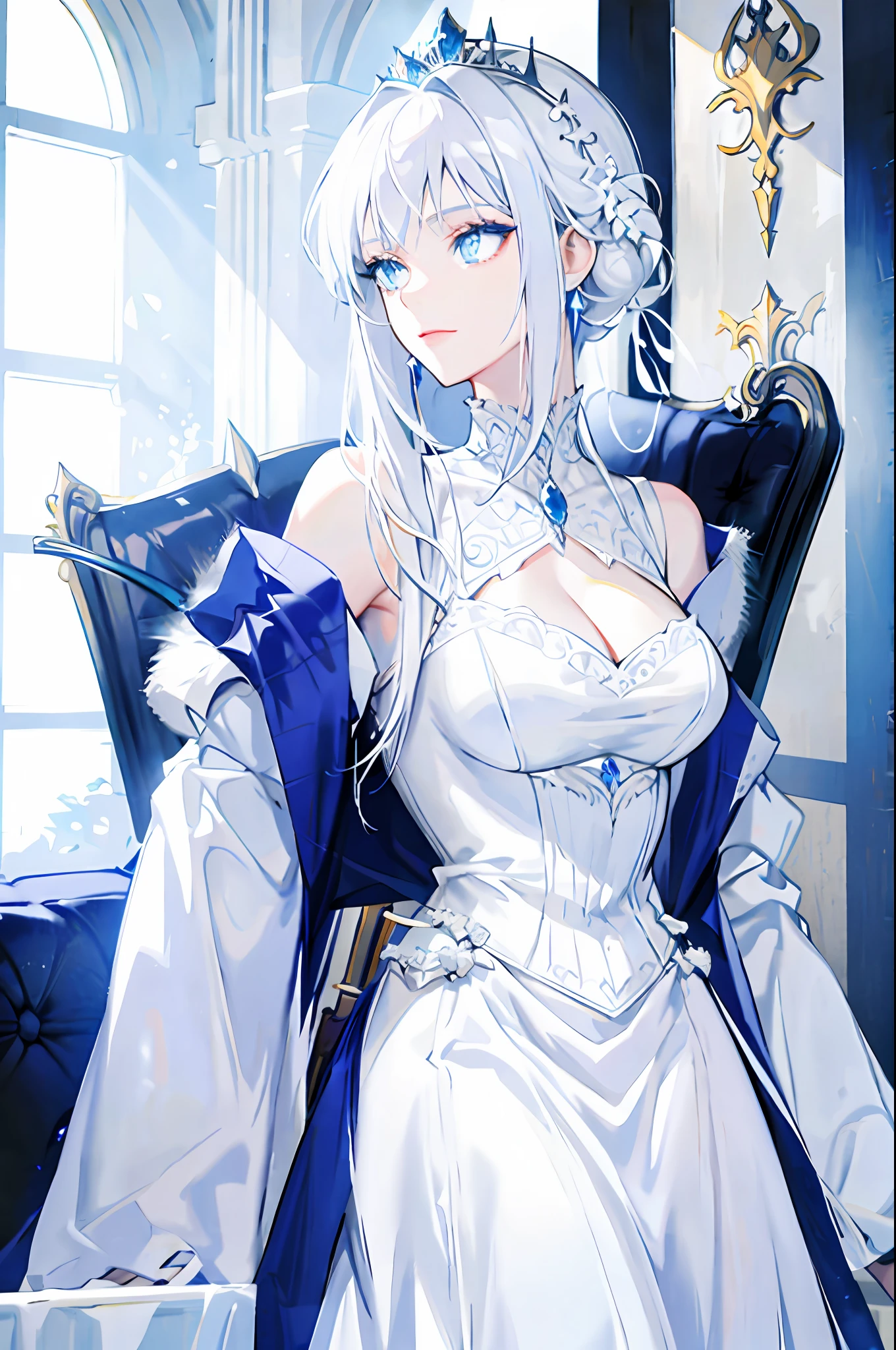 White-haired woman, light blue eyes, royalty, princess, nobility, beautiful woman, adult woman, sexy woman, white dress