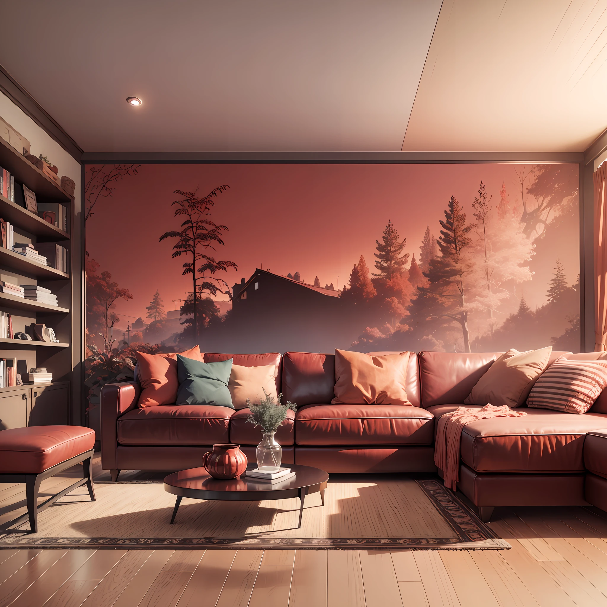 Realistic, hyper-detailed, red-toned living room scenery with VTE in the background --auto --s2