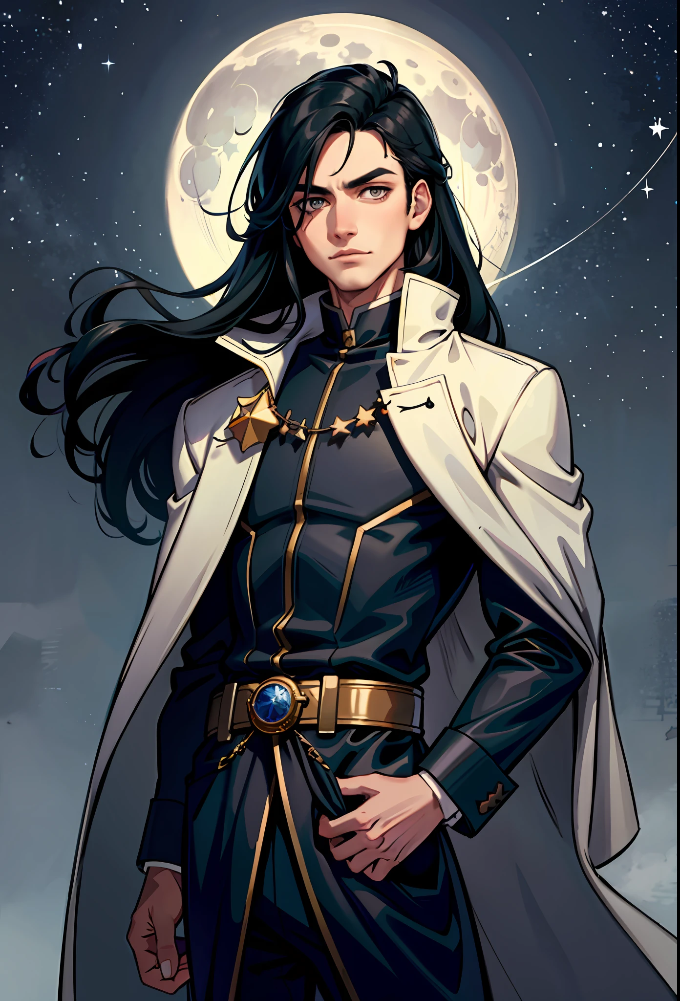 masterpiece, 1 guy, wiry, black hair, long hair, gray eyes, coat, upper body, night, moon, stars,