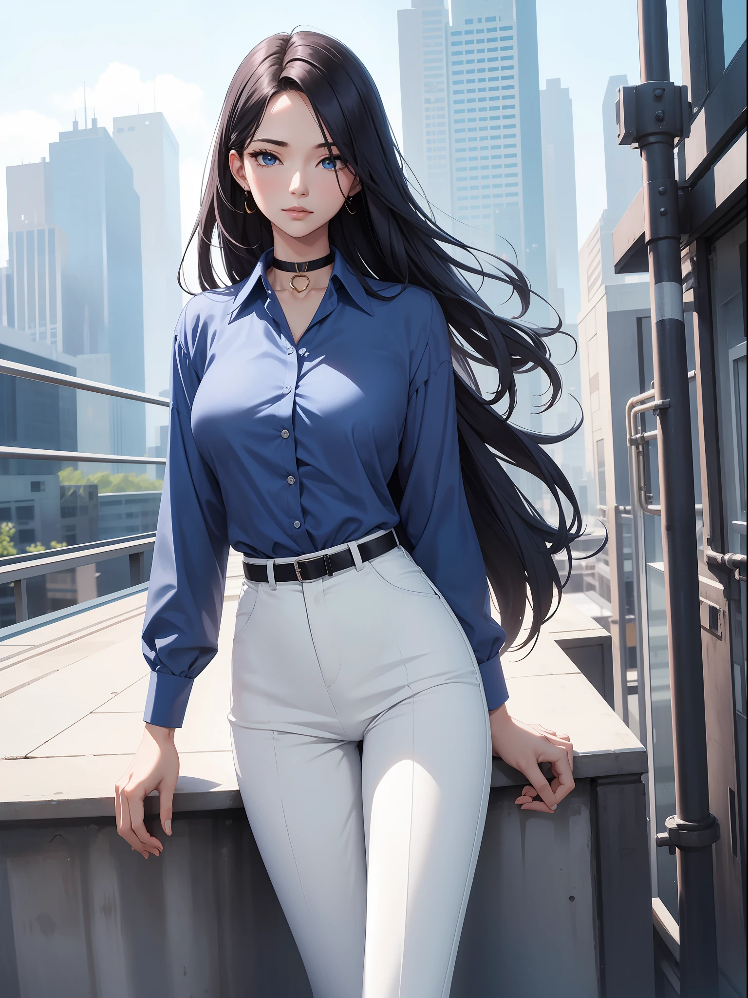 best quality. masterpiece, beautiful tall woman, formal blue shirt, choker, long hair, white pants, rooftop