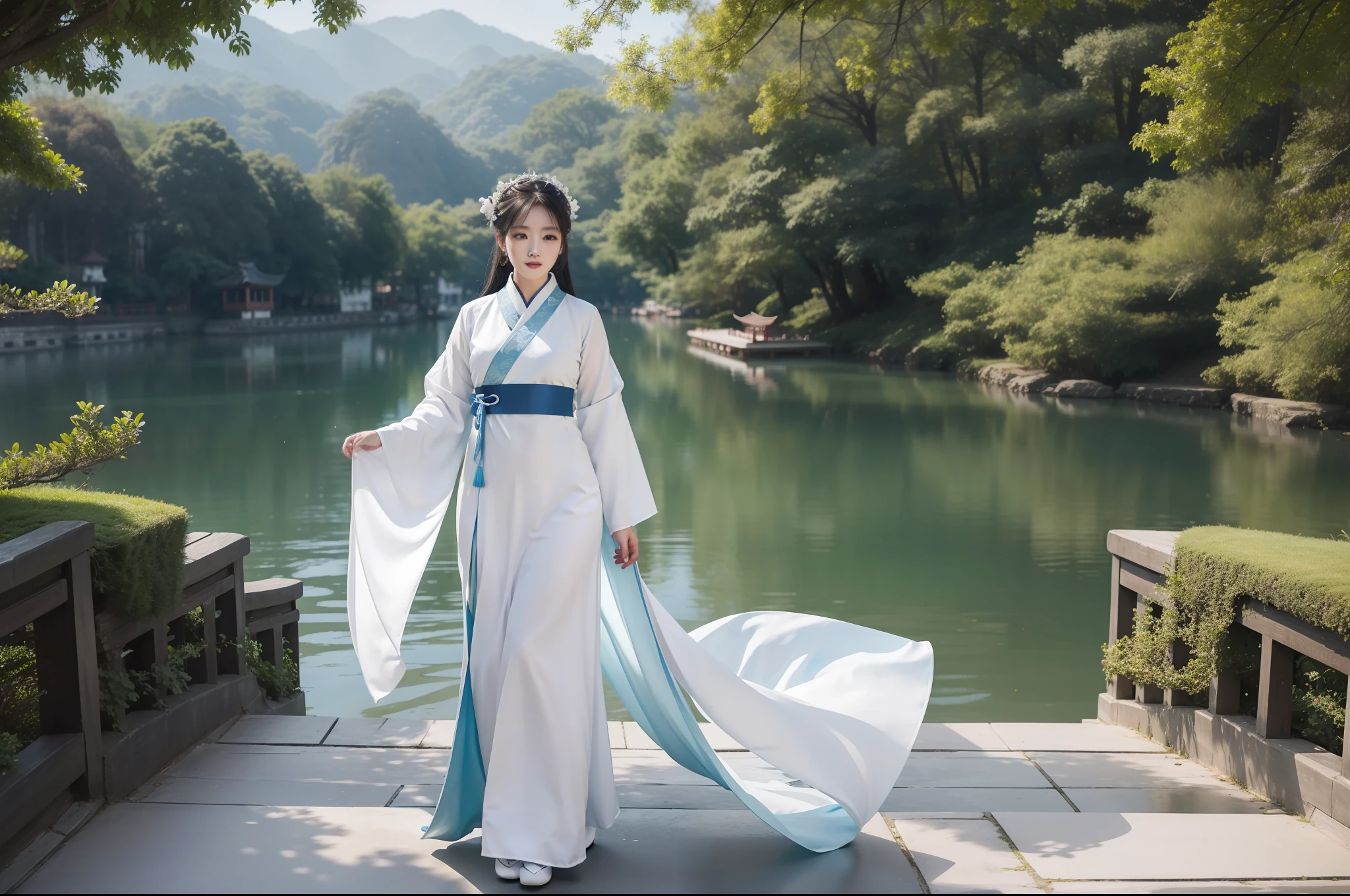 A gorgeous model dressed in white Hanfu, on the edge of the fantastic Hangzhou West Lake, outdoors, bright light blue sky, beautiful weather, photography grade lighting, 4K, product shooting, realistic details, perfect photos, full body --ar 3:4 --q 2 --v 5 --s 750