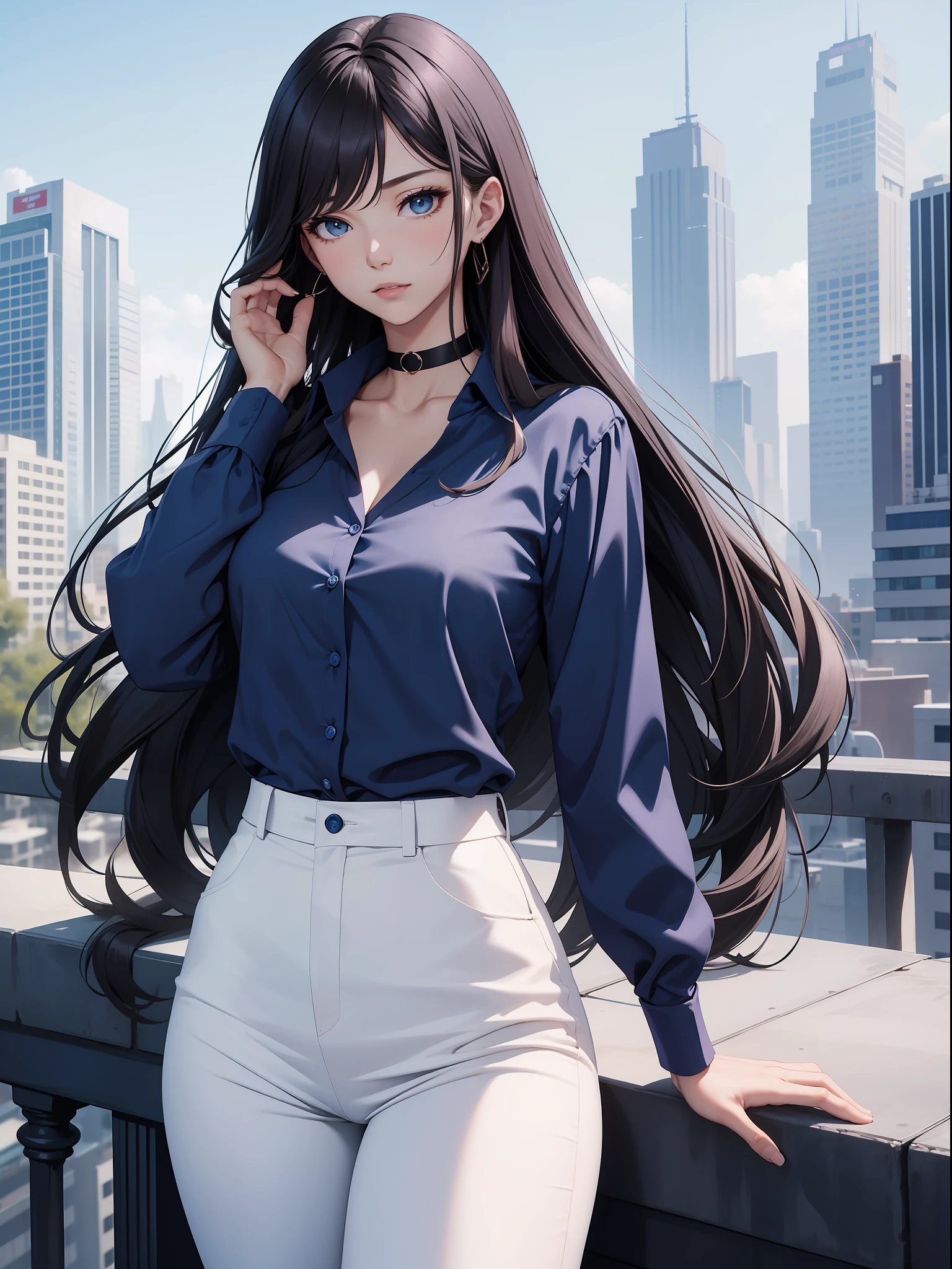 best quality. masterpiece, beautiful tall woman, formal blue shirt, choker, long hair, white pants, rooftop